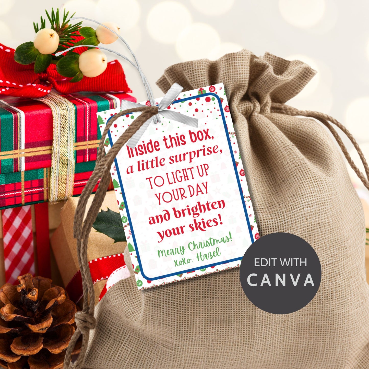 Festive holiday gift tags with the message, "Inside this box, a little surprise, to light up your day and brighten your skies." Includes printable PDF and editable Canva template.