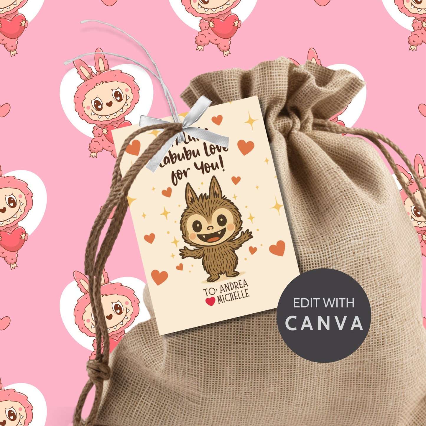 Gift tag with a cute character design on a pink background with cartoon characters.