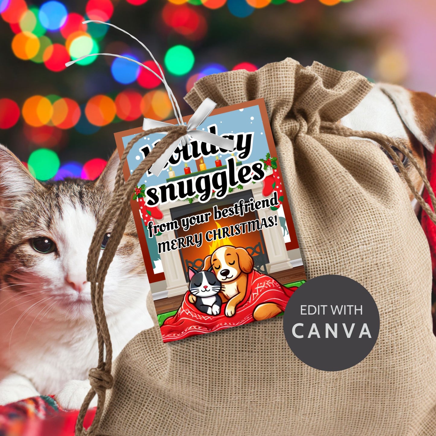 Christmas gift tags featuring a cozy dog and cat cuddled under a festive blanket by a snowy window, with the message "Holiday Snuggles from Your Best Friend." These printable and editable tags add warmth and charm to holiday gifts.