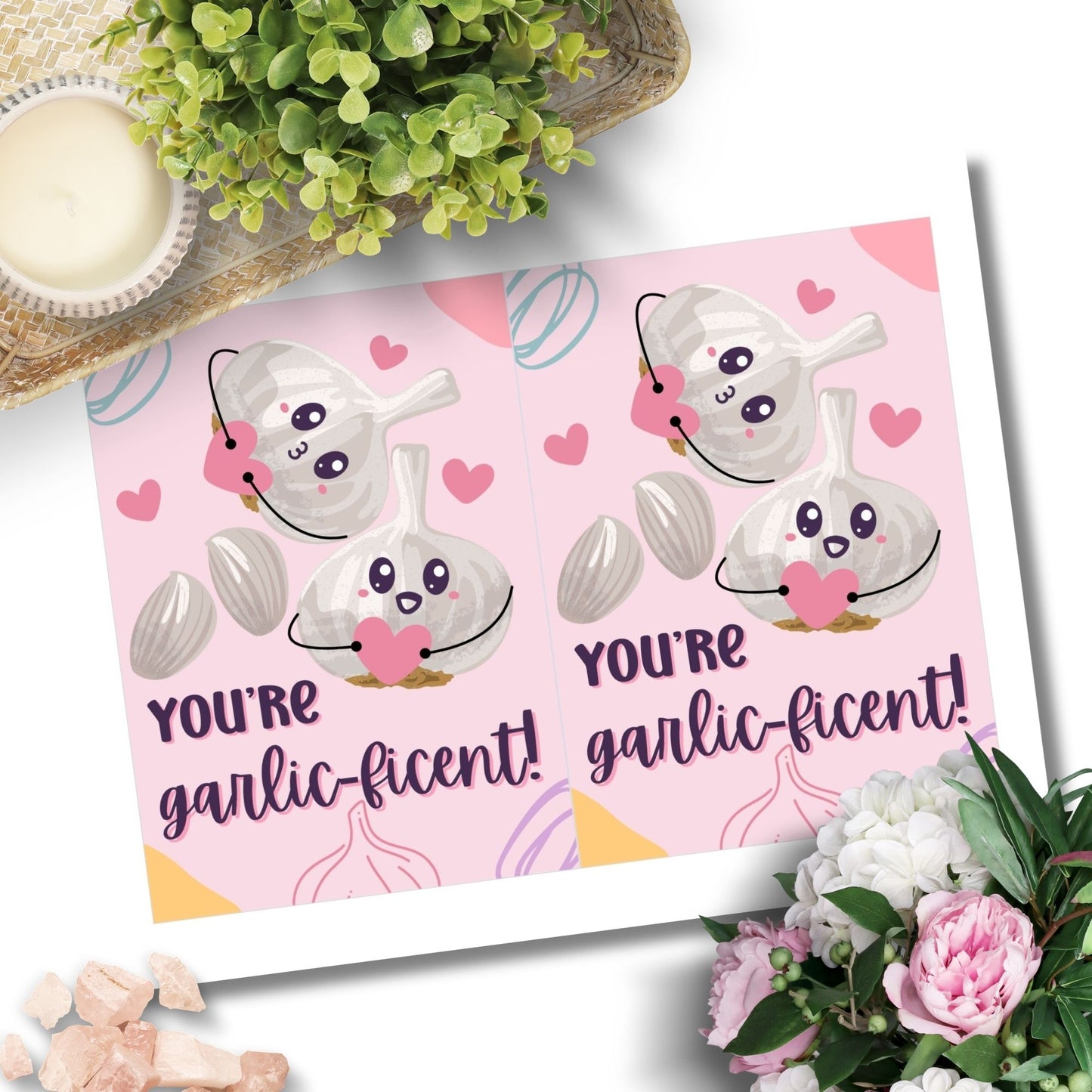 Printable Valentine’s Day Greeting Card featuring the phrase “You’re Garlicficent” with a cute garlic design. Designed as a 5x7 PDF on an 8.5 x 11 sheet with two cards per page. A punny and flavorful Valentine’s card for loved ones.