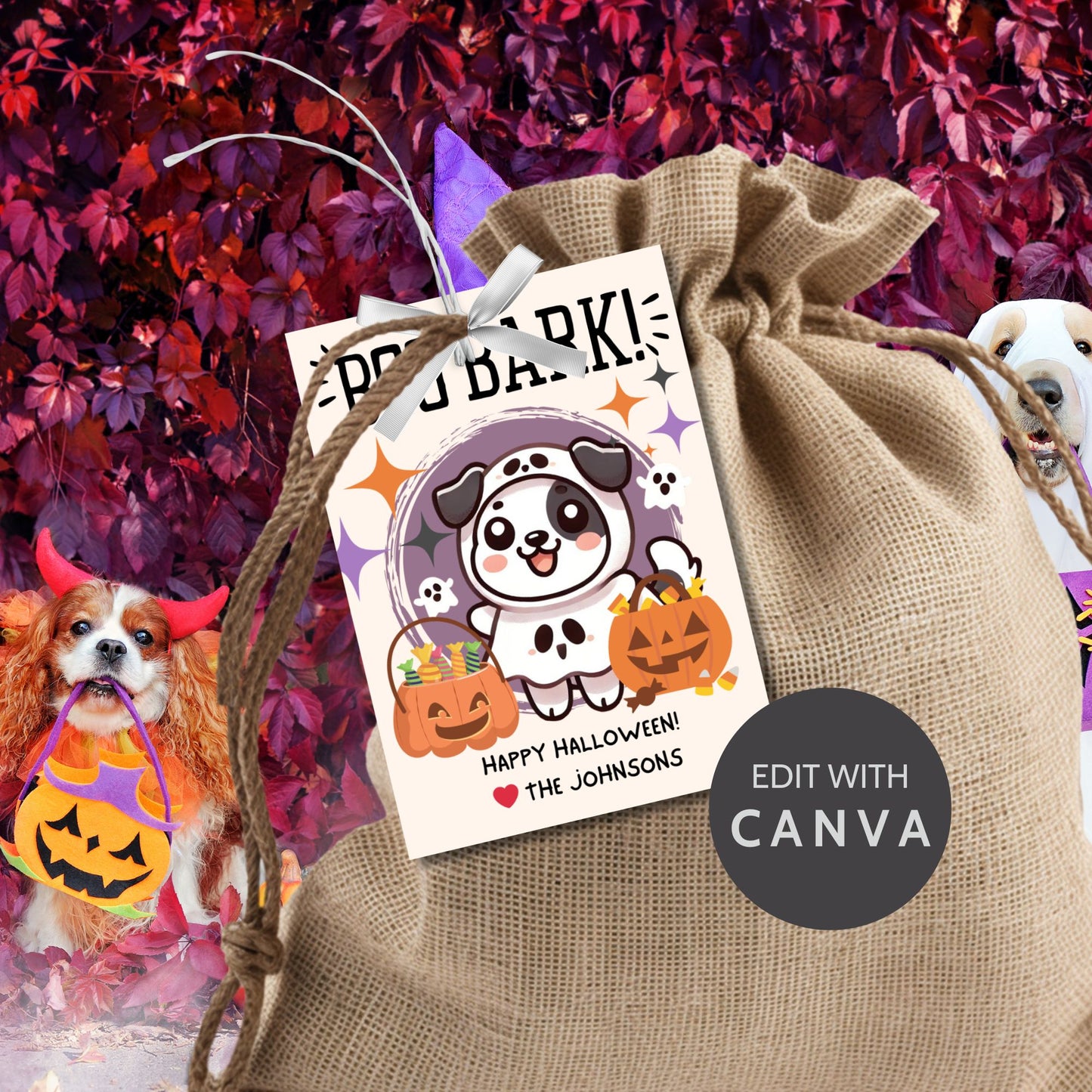 Printable Halloween gift tags featuring an adorable dog dressed in a Halloween costume with the message "Boo Bark!" Tags are 2.5 x 3.5 inches, laid out 8 per sheet on an 8.5 x 11-inch page. Includes a printable PDF and a PDF with a link to an editable Canva template.