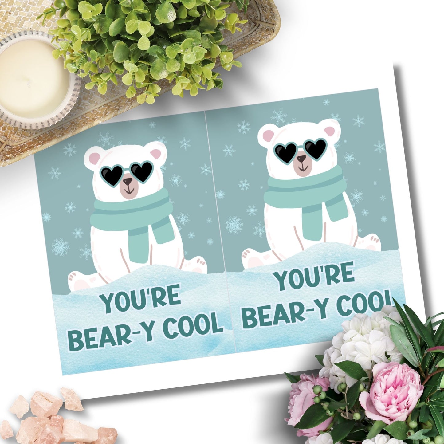 Printable Valentineās Day Greeting Card featuring the pun āYou're Beary Cool.ā Designed as a 5x7 PDF on an 8.5 x 11 sheet with two cards per page. A cute and fun Valentineās card for friends and animal lovers.