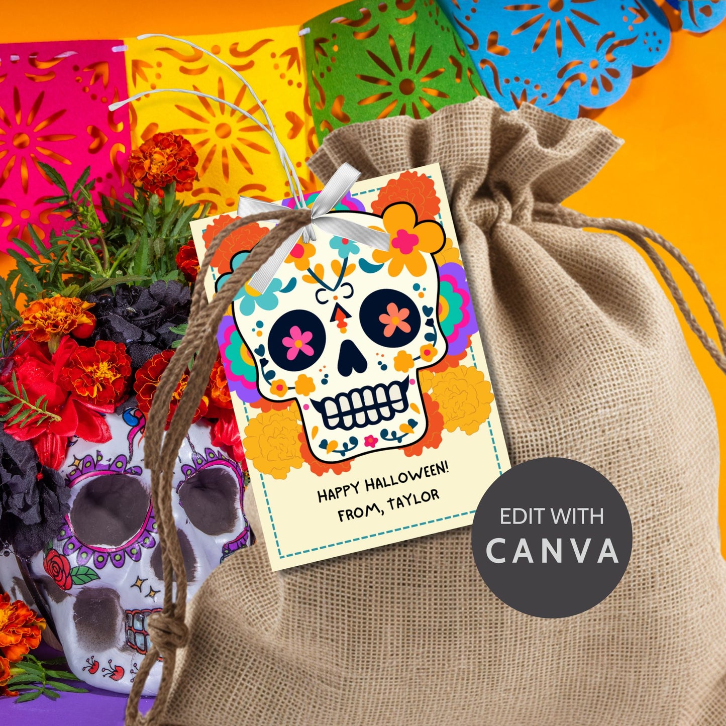Vibrant Día de los Muertos and Halloween gift tag featuring a colorful sugar skull with floral designs. Ideal for customizable and printable gift tags.