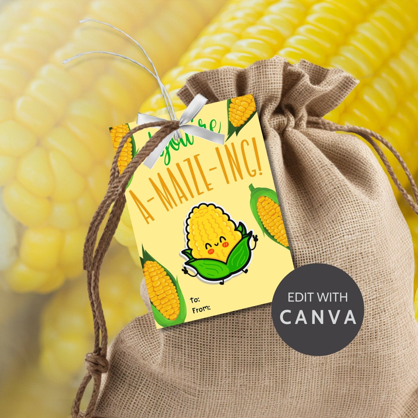Editable corn-themed fall gift tags with the message 'You're A-MAIZE-ING!' in 2.5 x 3.5 inches, 8 per sheet, available as printable and customizable PDFs.
