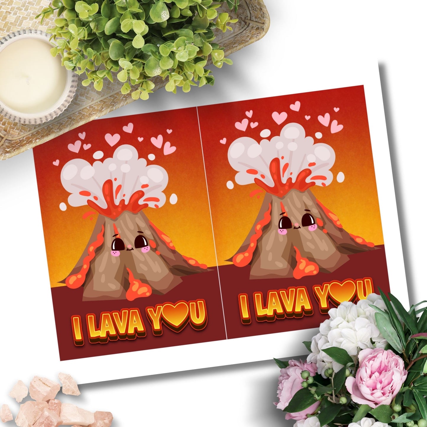 Printable Valentineās Day Greeting Card featuring the pun āI LAVA You.ā Designed as a 5x7 PDF on an 8.5 x 11 sheet with two cards per page. A fun and heartfelt Valentineās card for loved ones.