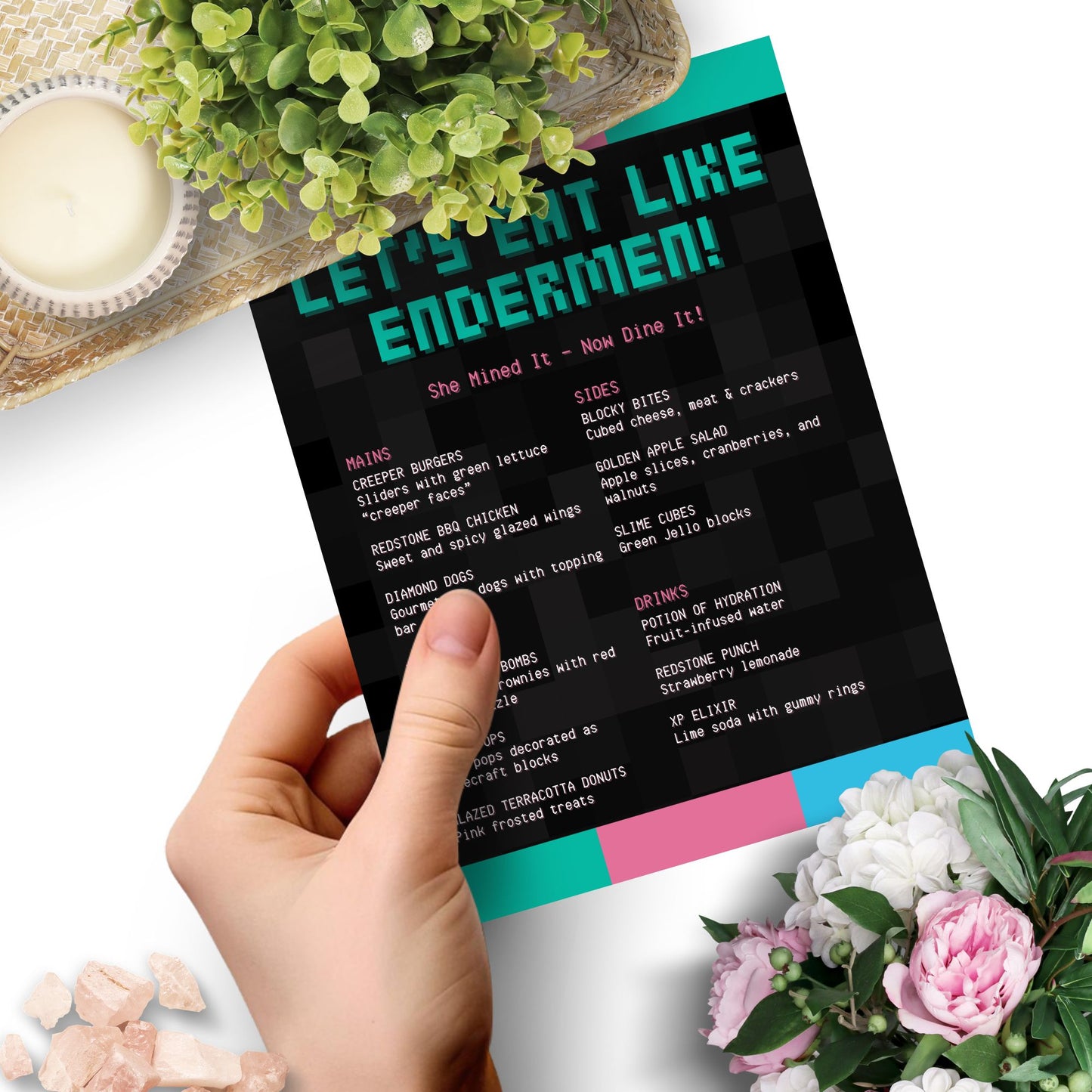 Editable Minecraft-themed menu template titled “Let’s Eat Like Endermen” with customizable tagline and food list. Pixel-style design, Canva editable, 8.5 x 11 inches.