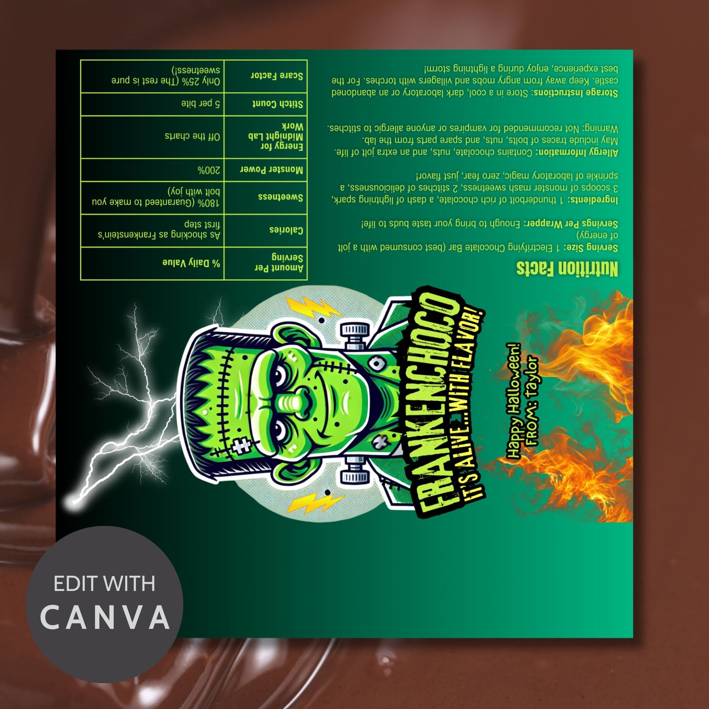 Printable and editable Frankenstein-themed Halloween chocolate bar wrapper featuring a bold Frankenstein design, perfect for spooky Halloween parties and treats.