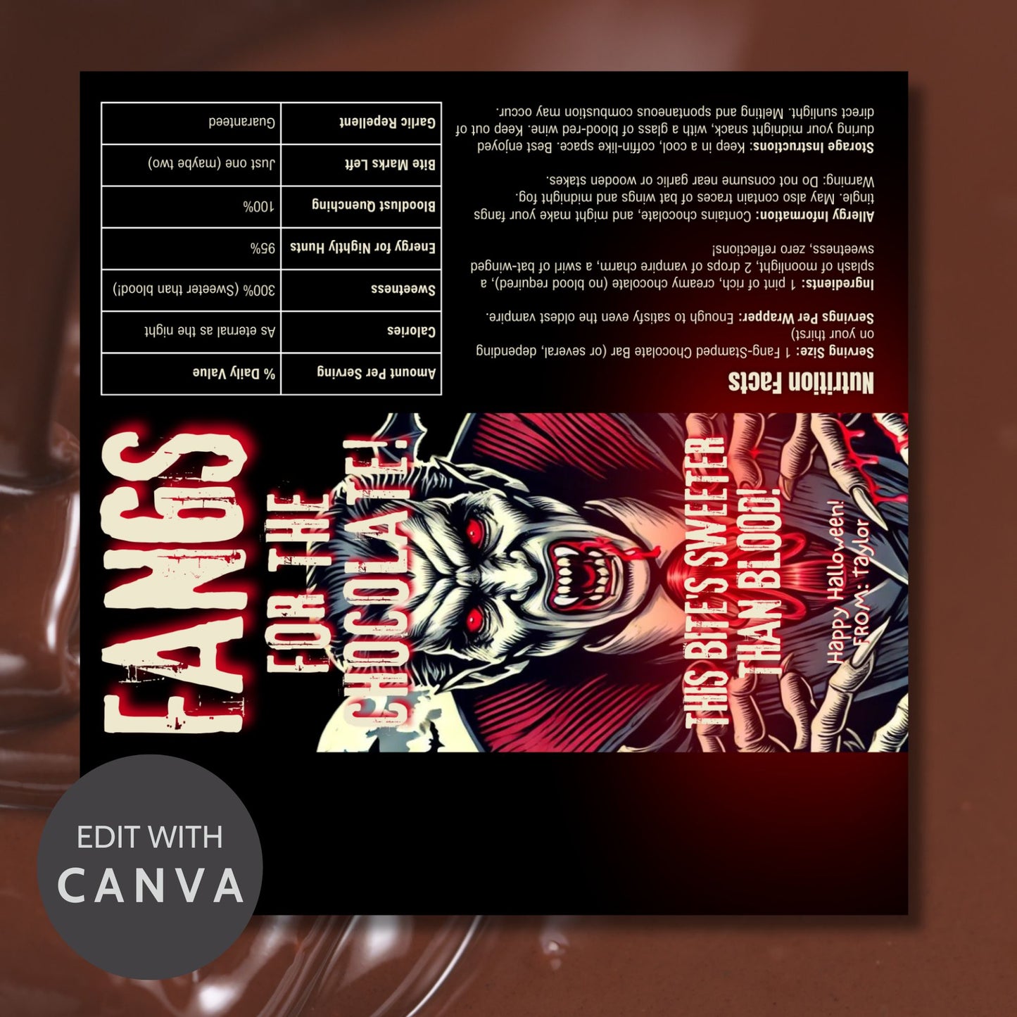 Printable and editable vampire-themed Halloween chocolate bar wrapper featuring a menacing vampire, perfect for spooky treats and Halloween parties.