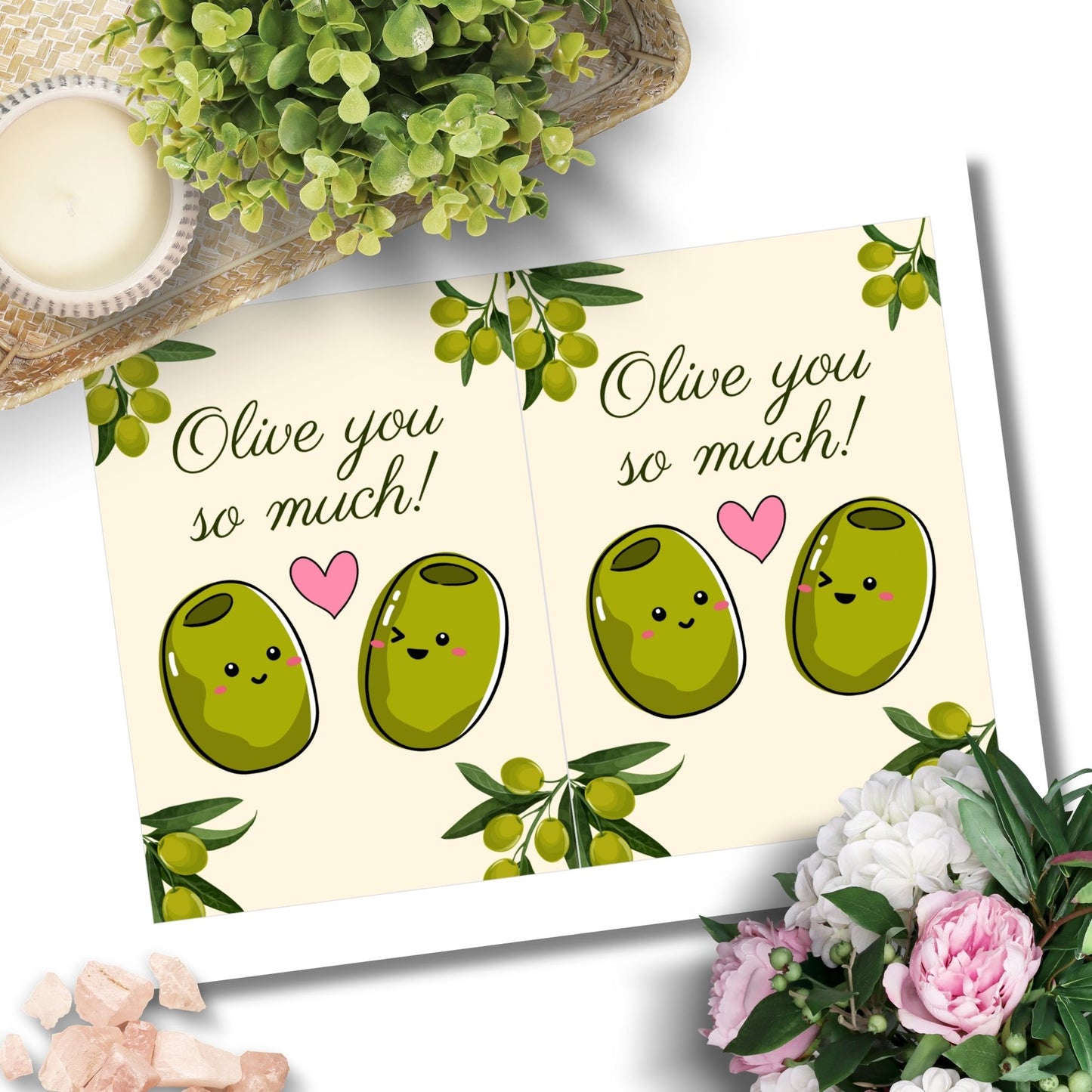 Printable Valentine’s Day Greeting Card featuring the pun “Olive You So Much.” Designed as a 5x7 PDF on an 8.5 x 11 sheet with two cards per page. A sweet and punny Valentine’s card for foodies and friends.