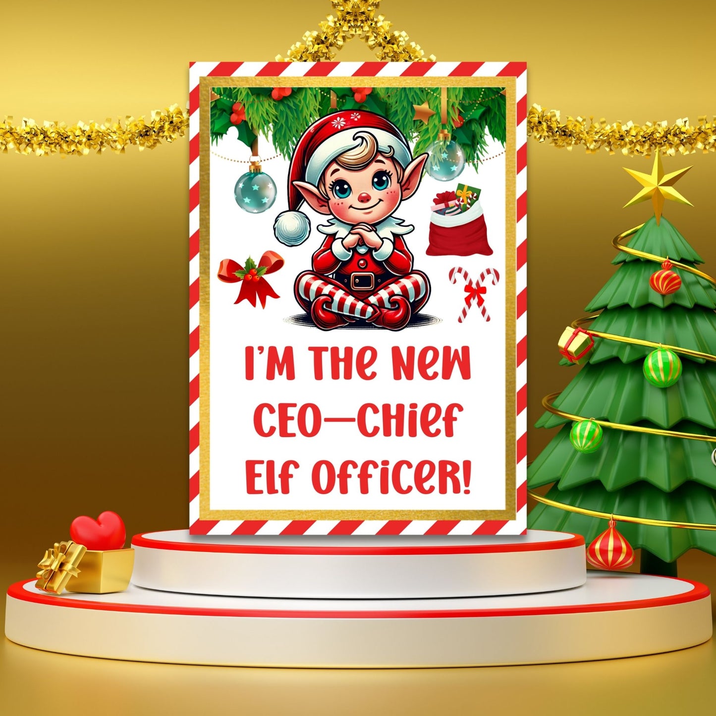 A collection of festive 5x7 office-themed Elf on the Shelf cards featuring a cute elf with sayings like “I’m the new CEO – Chief Elf Officer!” and office-specific placement ideas.