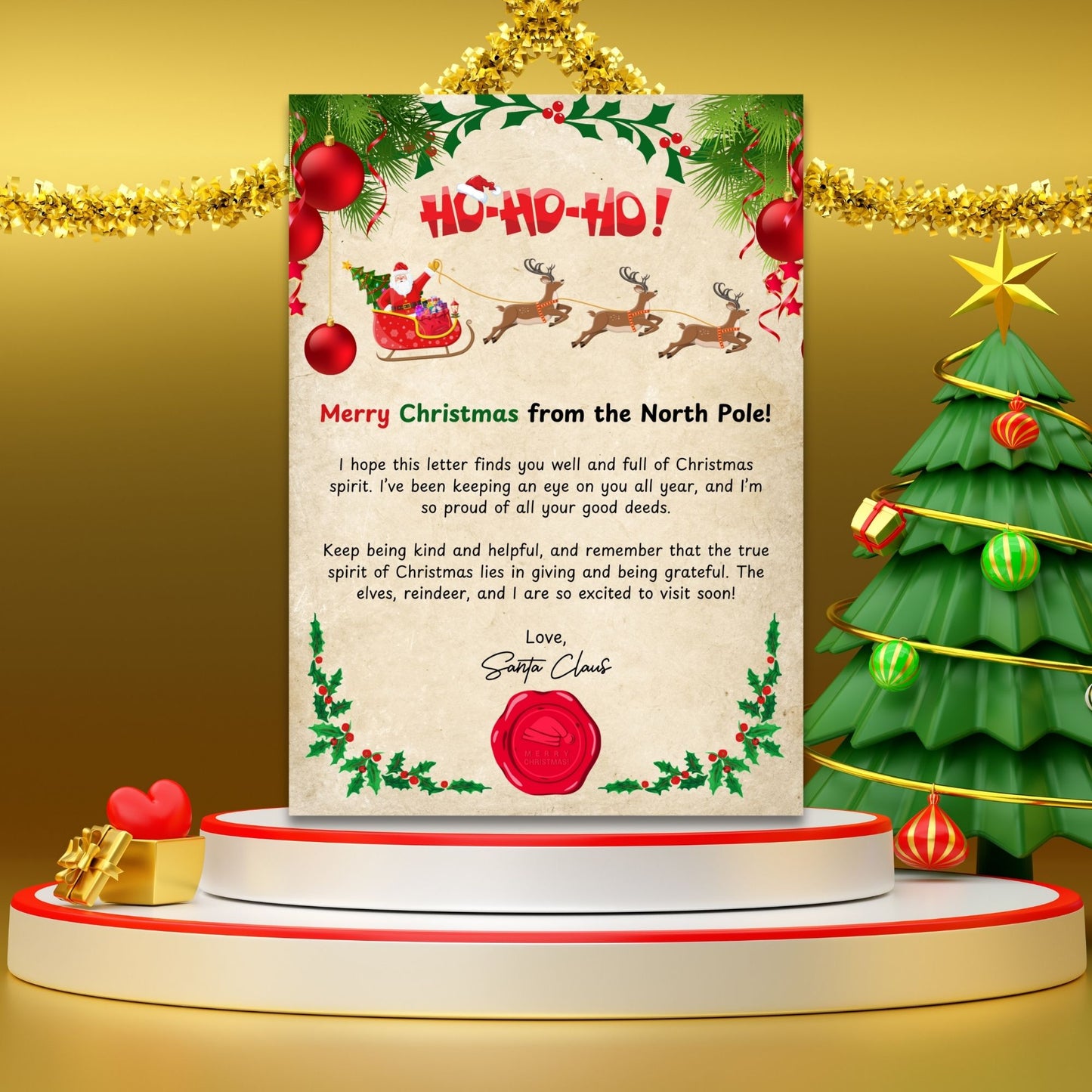 A festive Printable Letter from Santa Card, sized 5x7 inches, featuring classic holiday motifs, cheerful messaging, and warm details from Santa Claus, perfect for bringing joy to kids and kids at heart eagerly awaiting Santa’s arrival.