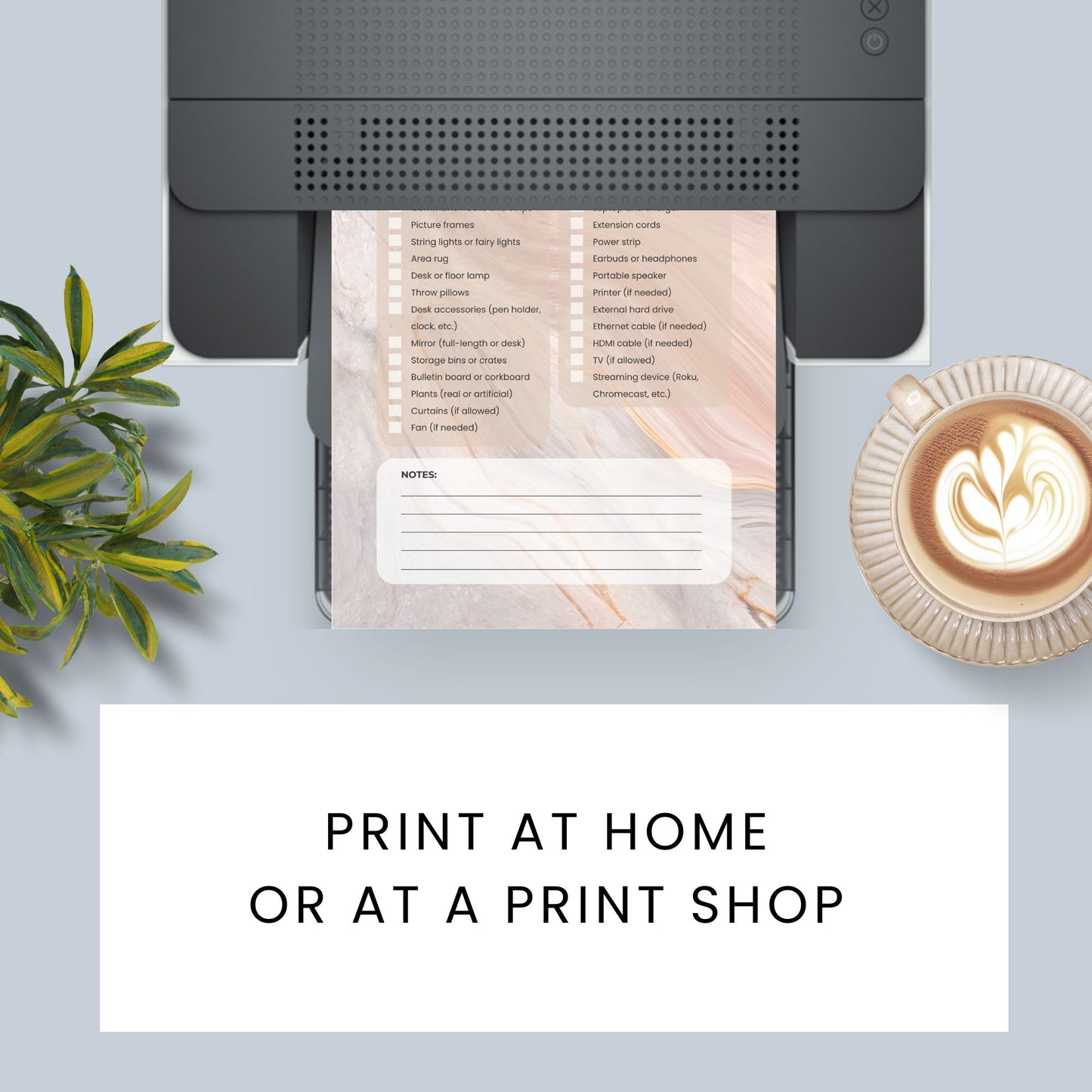 Printable Dorm Checklist with a stylish taupe marble design, listing all essential items for college students