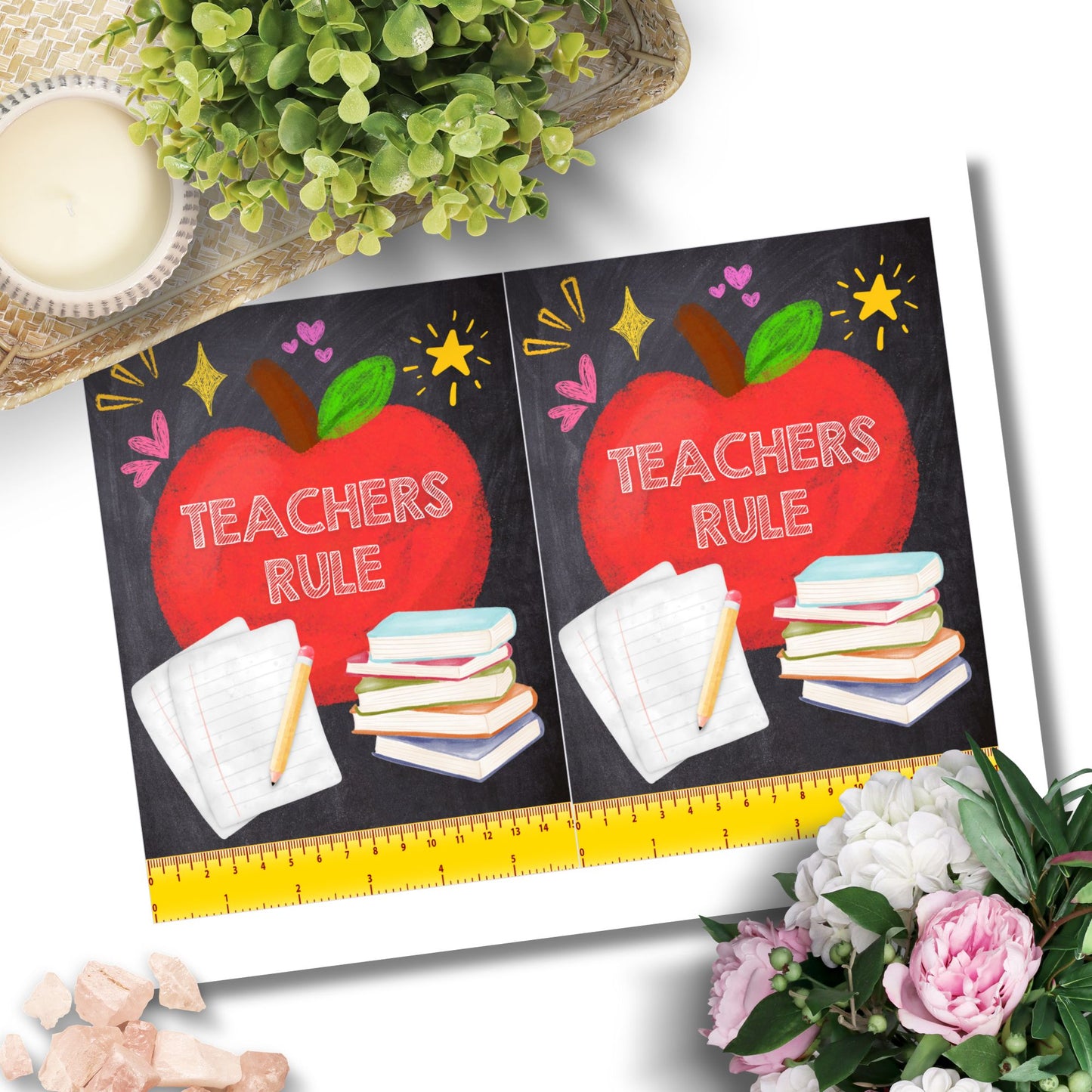 Printable Teacher Appreciation Greeting Card with colorful “Teachers Rule” ruler design – 5x7 digital download