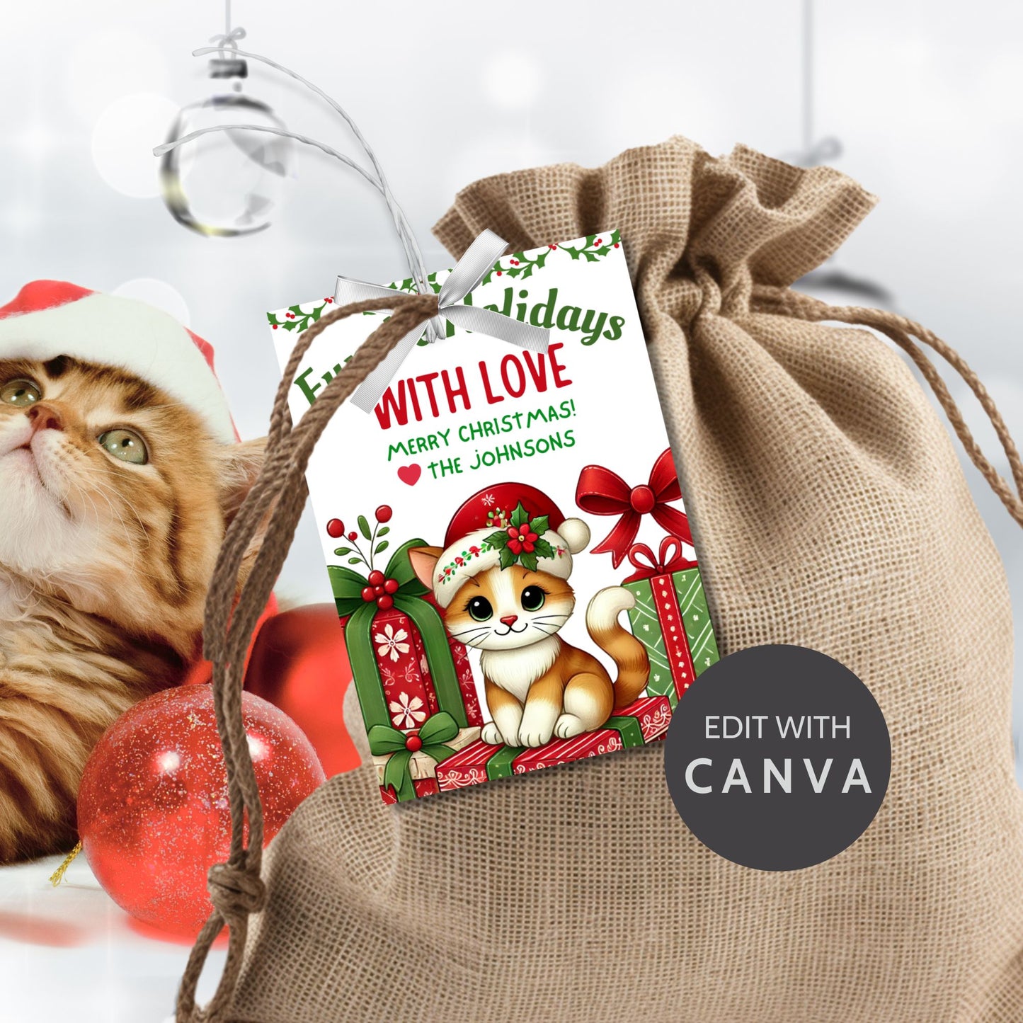 Christmas gift tags featuring a cute kitten in a Santa hat with festive gifts and holly, paired with the message "Fur the Holidays with Love." These printable and editable tags are perfect for adding a warm touch to gifts for cat lovers.