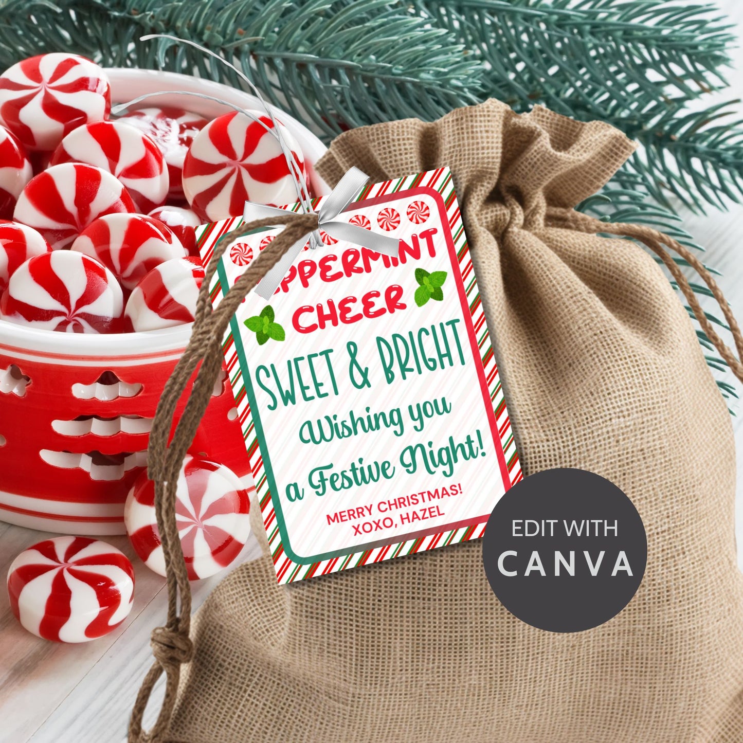 Printable Christmas gift tags with the message 'Peppermint Cheer, Sweet & Bright,' featuring a candy cane border and festive holiday design. Perfect for peppermint or candy cane gifts.