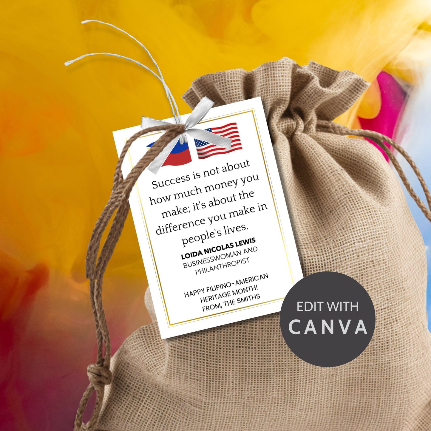 A set of 16 printable and editable Filipino-American Heritage Month gift tags featuring quotes from influential Filipino-Americans. The tags are 2.5 x 3.5 inches, displayed on an 8.5 x 11-inch layout, celebrating culture and pride.