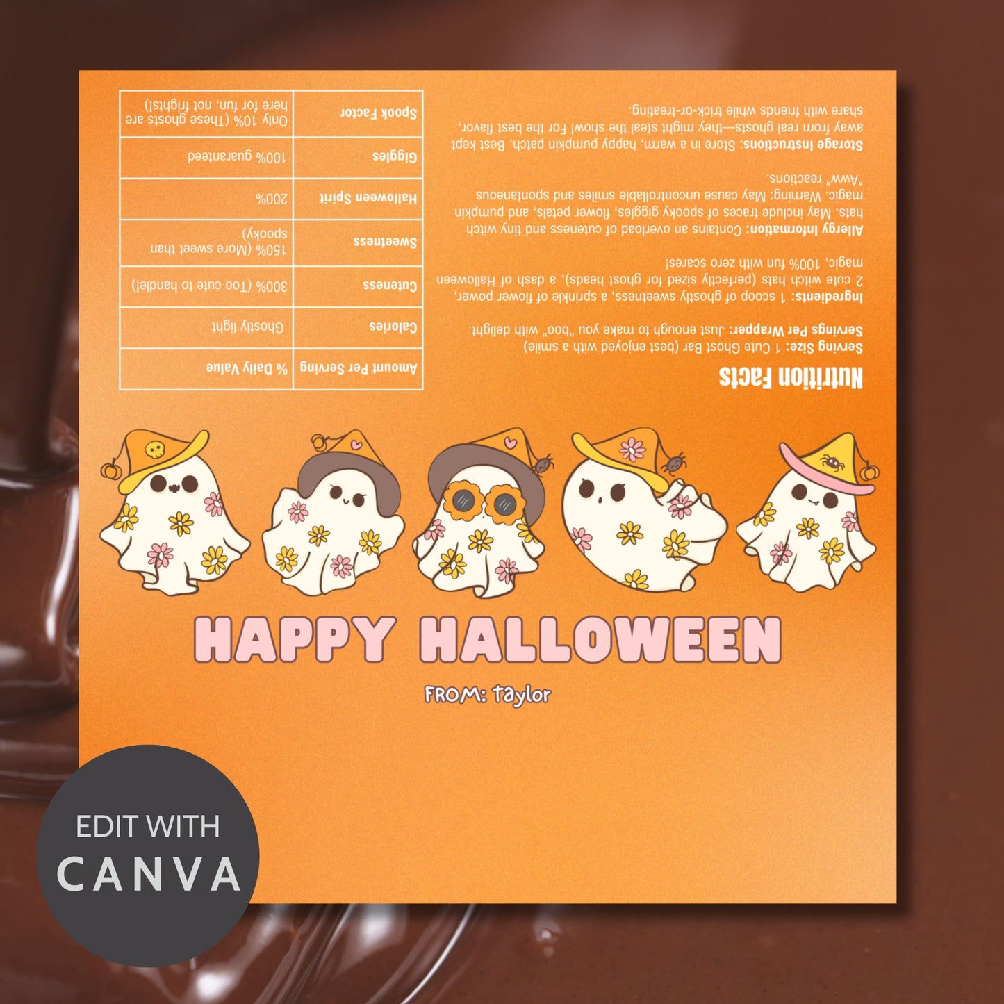 Printable and editable cute ghost-themed Halloween chocolate bar wrapper featuring pastel ghosts in witch hats, perfect for Halloween treats and parties.