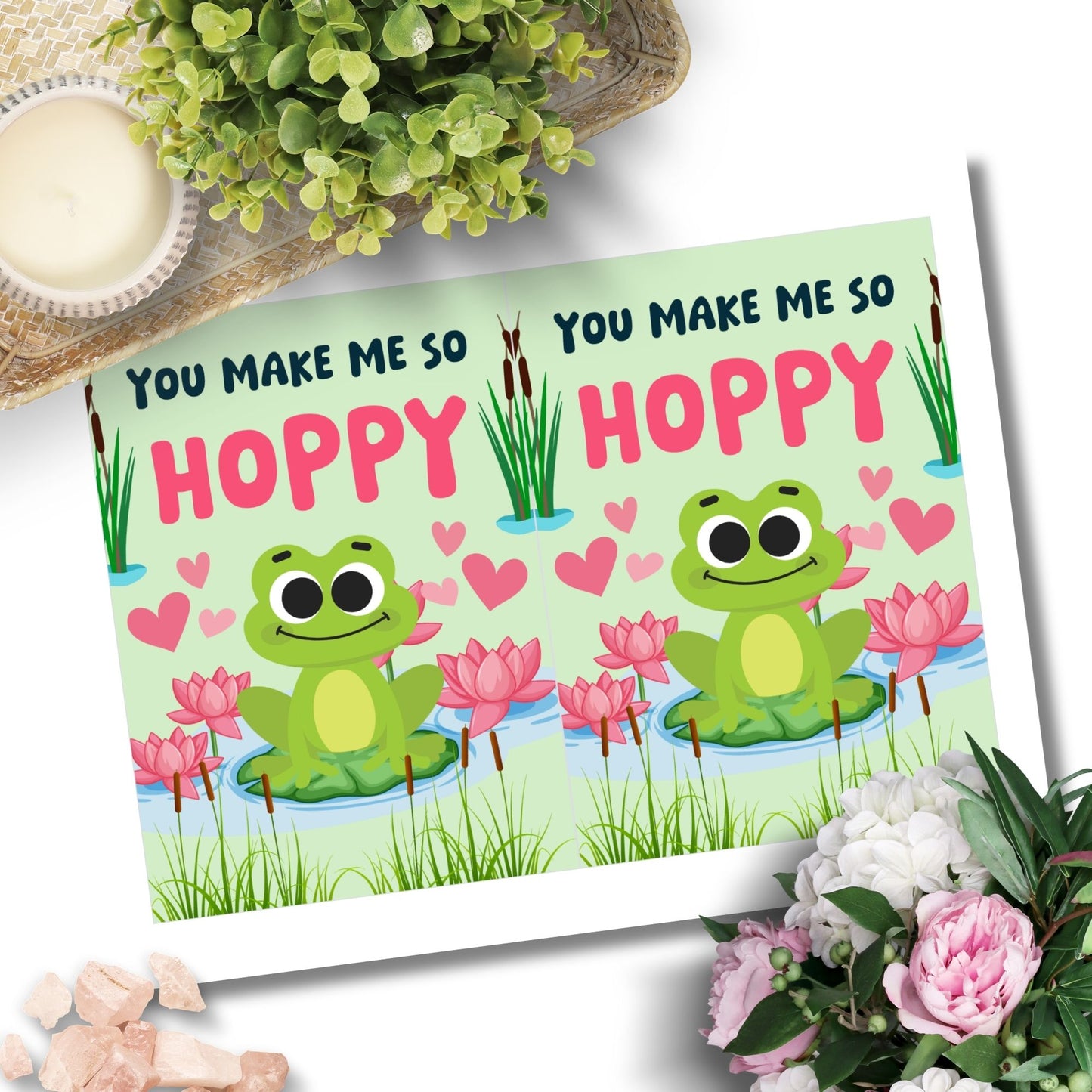 Printable Valentineās Day Greeting Card featuring the pun āYou Make Me So Hoppy.ā Designed as a 5x7 PDF on an 8.5 x 11 sheet with two cards per page. A fun and cute Valentineās card for frog lovers.