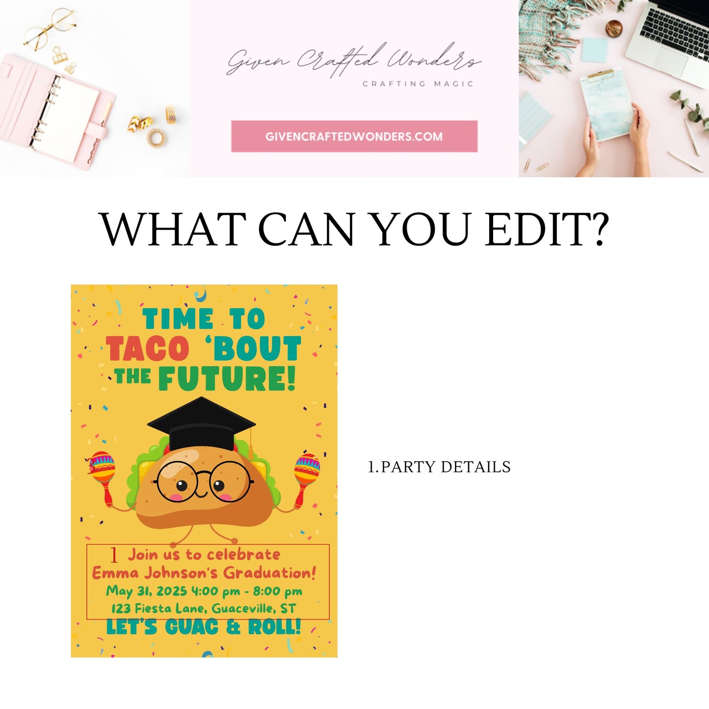 Single-sided taco-themed graduation invitation with confetti background, smiling taco in a graduation cap, and bold text “Time to Taco ‘Bout the Future.” Editable 5x7 Canva template.