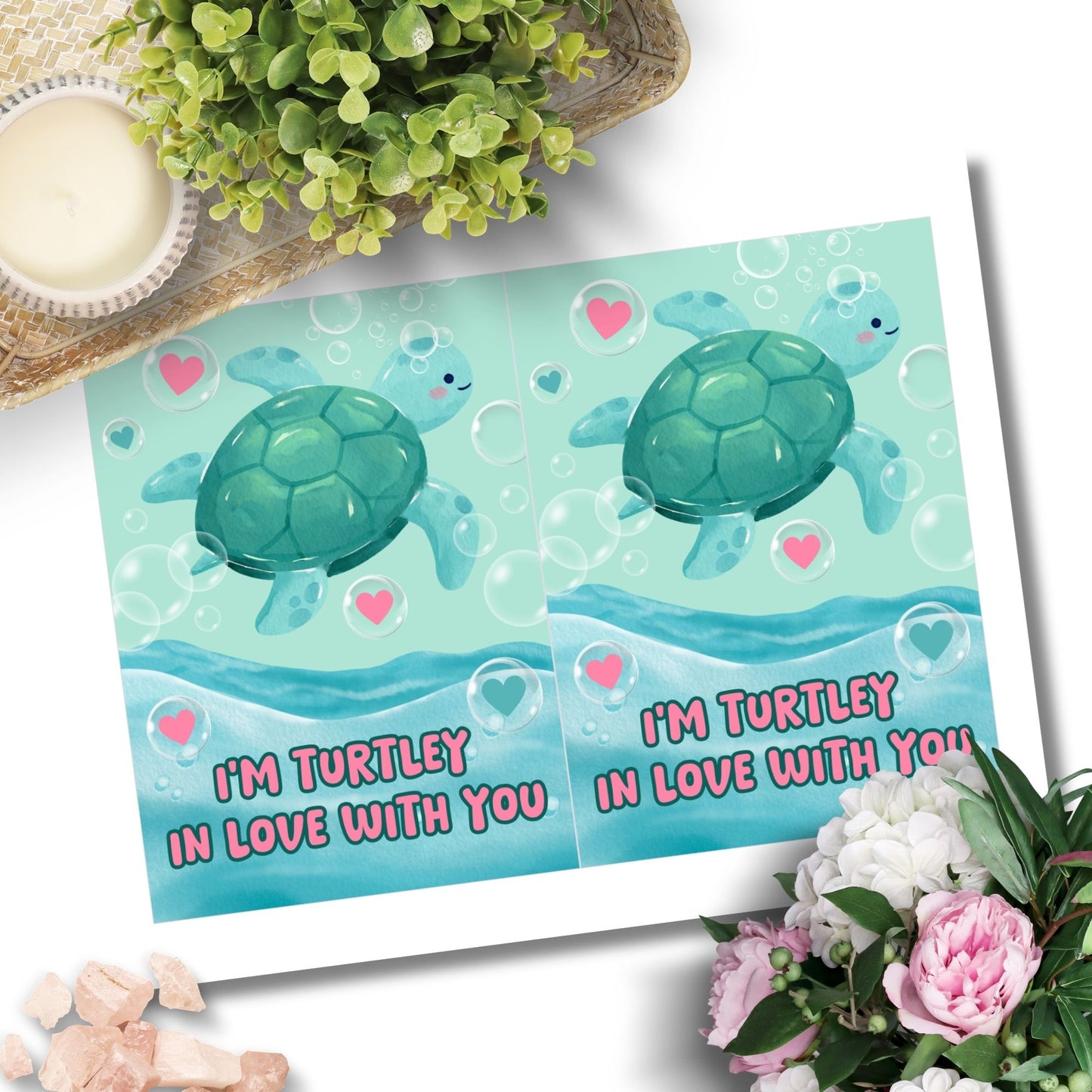 Printable Valentineās Day Greeting Card featuring the pun āI'm Turtley in Love with You.ā Designed as a 5x7 PDF on an 8.5 x 11 sheet with two cards per page. A cute and fun Valentineās card for turtle lovers.