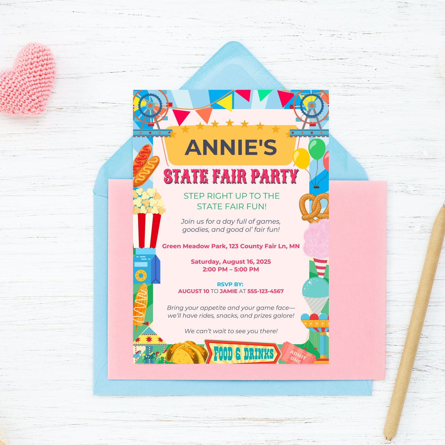 Editable State Fair Party Invitation with Ferris wheels, popcorn, cotton candy, hot dogs, and colorful fair elements; 5x7 Canva template printable for birthdays or summer events.