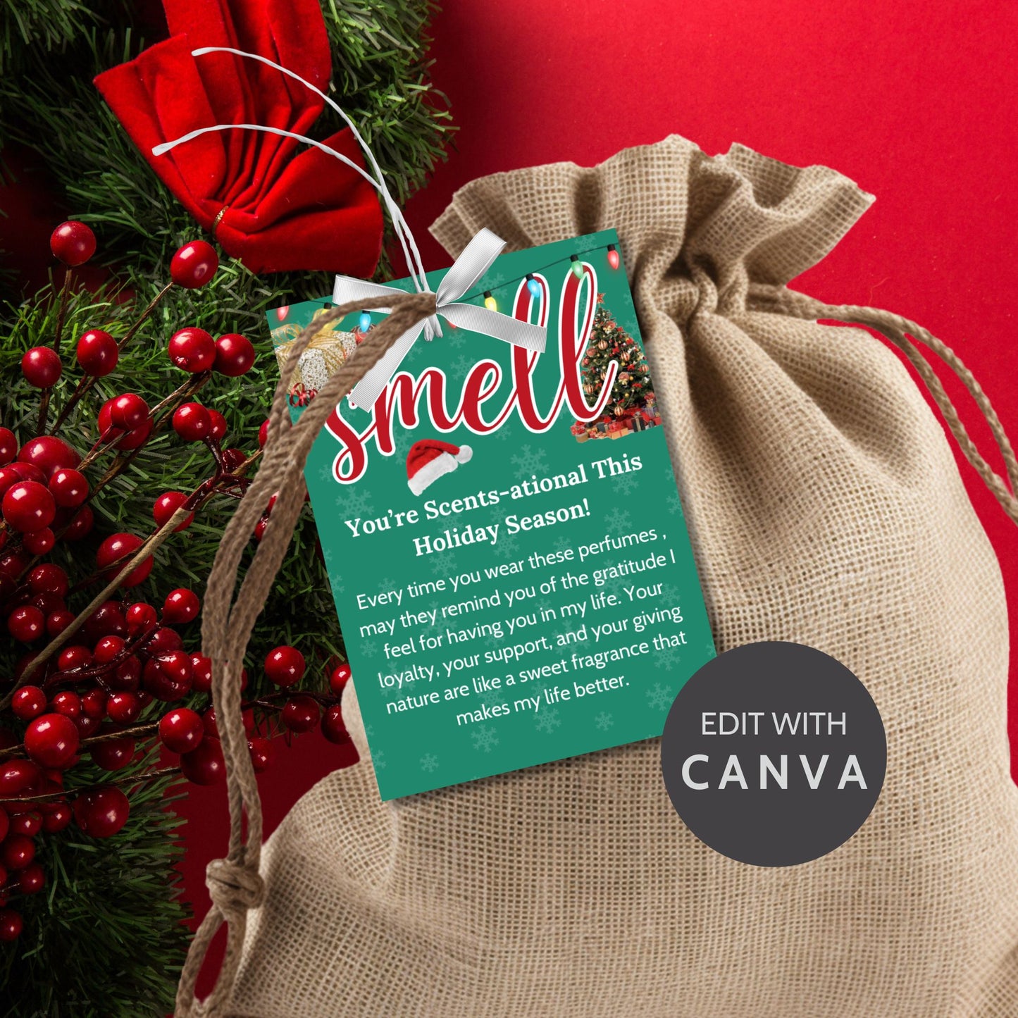 Festive holiday 5 Senses Gift Tags featuring Santa hats, Christmas trees, and snowflakes. Ideal for teachers, nurses, employees, and more. Includes an editable Canva template with personalized descriptions. Double-sided and perfect for spreading holiday cheer!