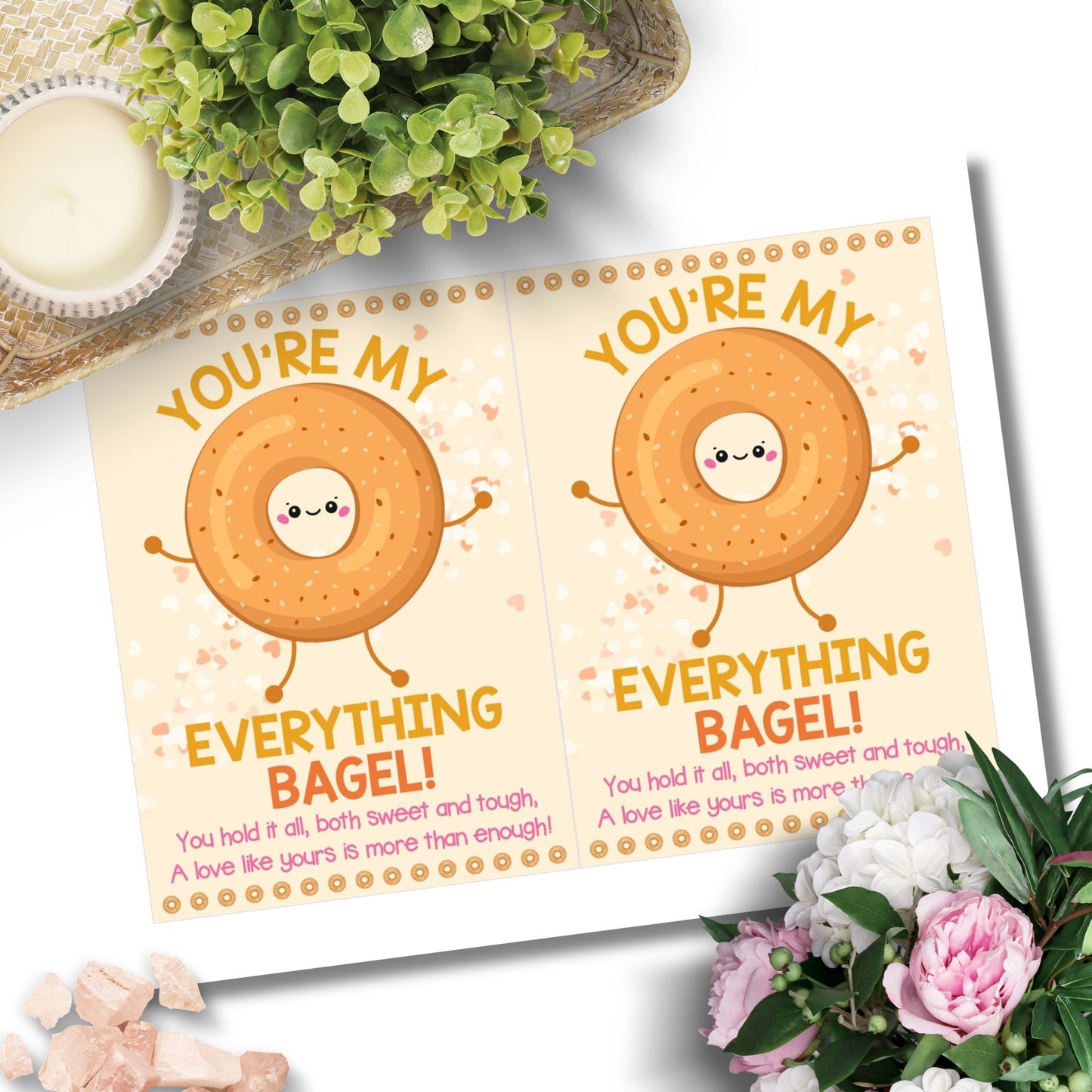 Printable 5x7 Mother’s Day card featuring an everything bagel with the pun “You’re My Everything Bagel,” in a cute illustrated design, available as an instant PDF download.