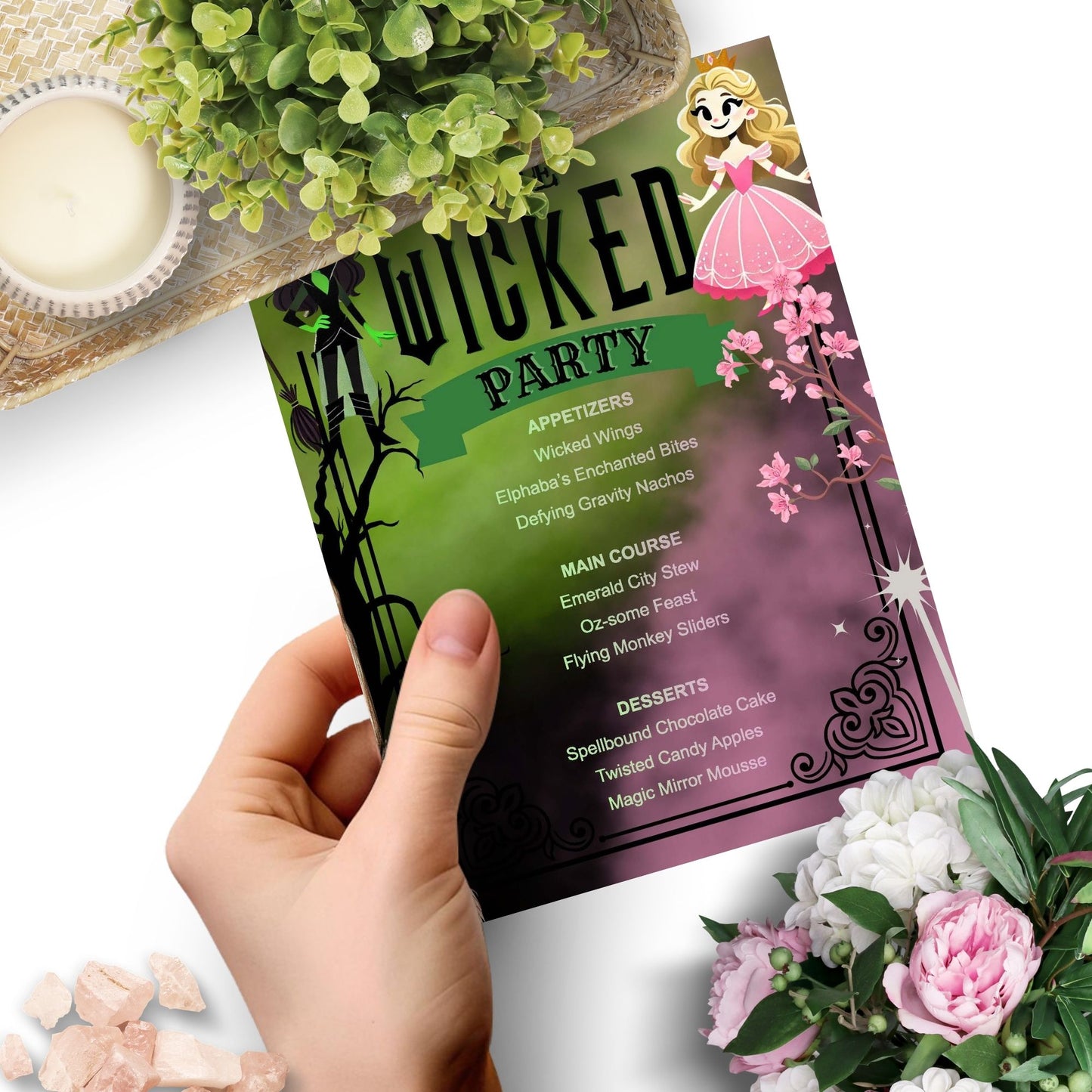 Editable Wicked-themed menu template with character illustrations and dishes like Wicked Wings and Magic Mirror Mousse, perfect for Halloween, fantasy parties, and Wicked musical fans.