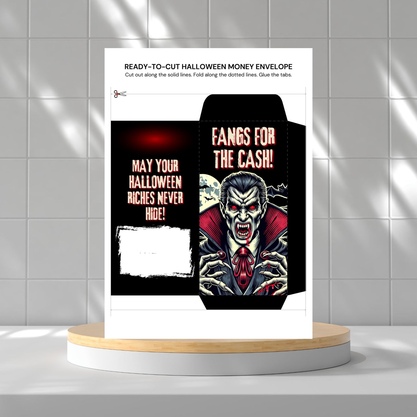 Halloween-themed money envelope with vampire design on a gray tiled background