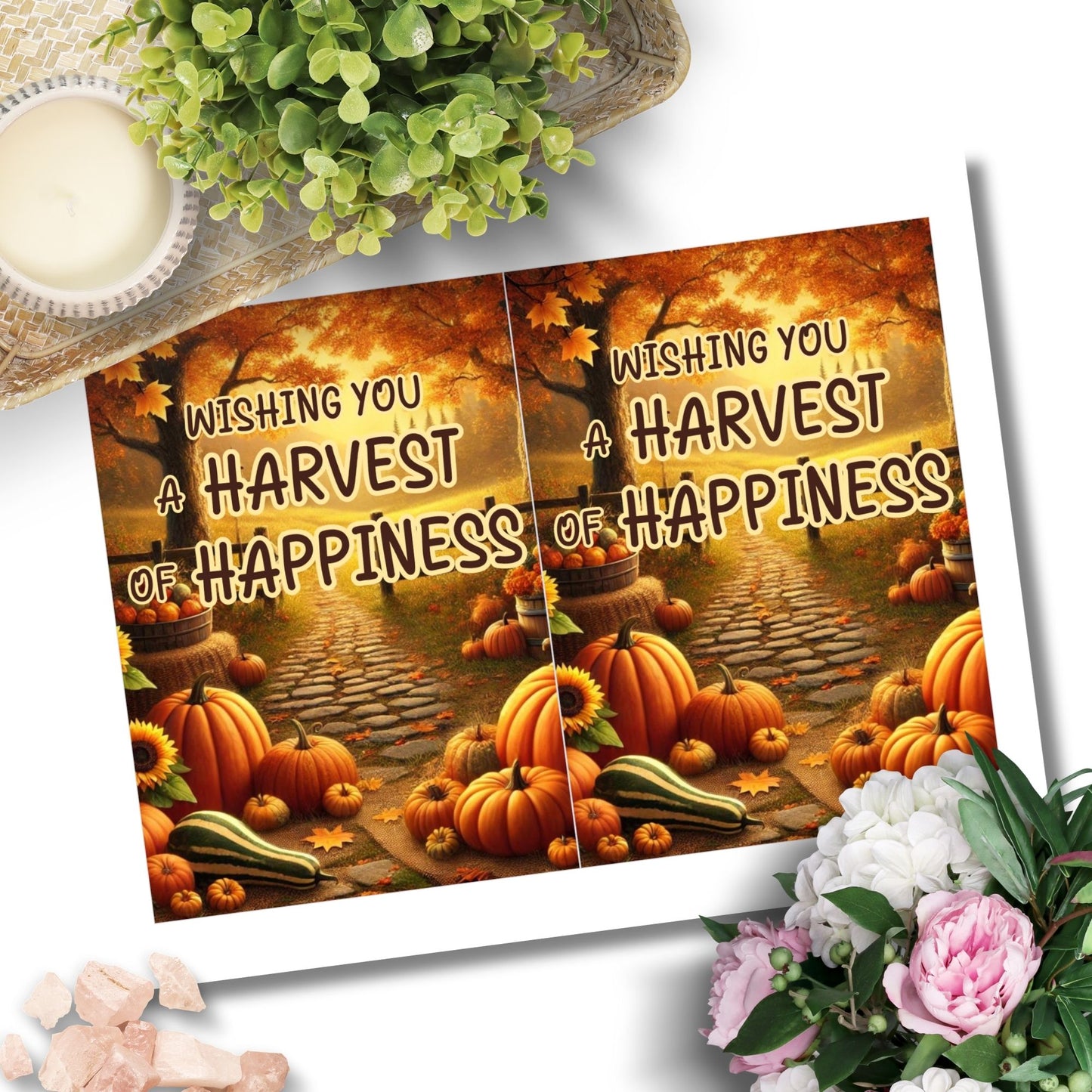 Printable Fall Greeting Card featuring pumpkins and autumn leaves with the message 'Wishing You a Harvest of Happiness,' perfect for seasonal greetings.