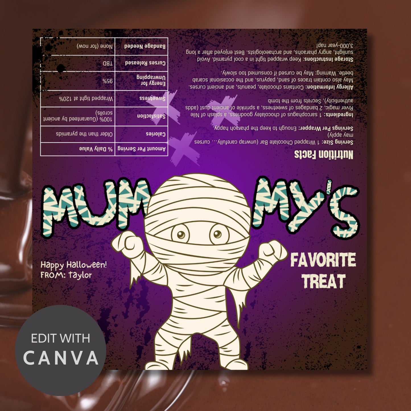 Printable and editable Mummy-themed Halloween chocolate bar wrapper featuring a fun mummy character, perfect for trick-or-treat and Halloween parties.
