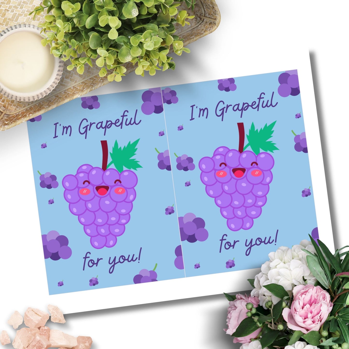 Printable Valentineās Day Greeting Card featuring the phrase āIām Grapeful for Youā with a grape theme. Designed as a 5x7 PDF on an 8.5 x 11 sheet with two cards per page. A sweet and punny Valentineās card for loved ones.