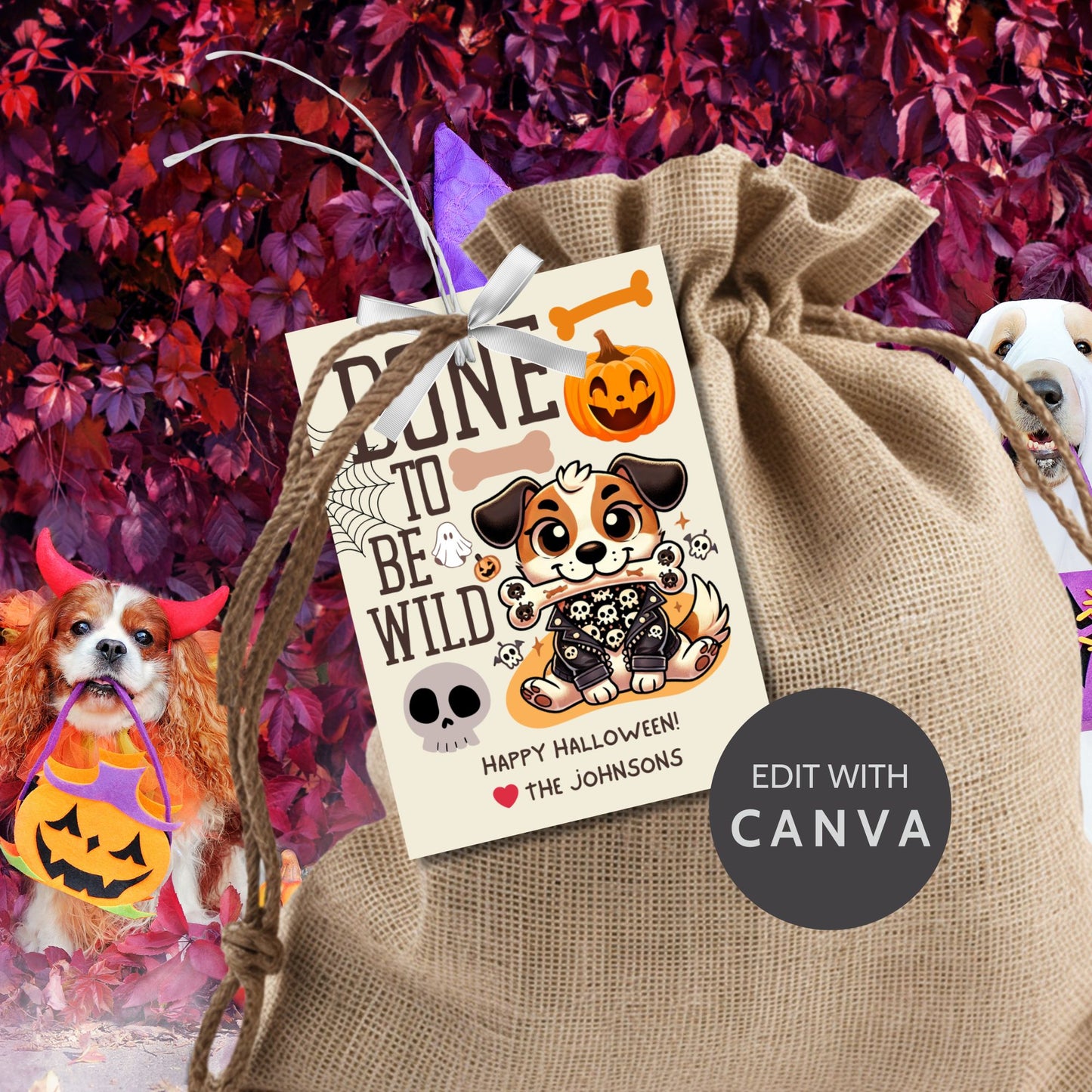 Printable dog-themed Halloween gift tags with the message "Bone to Be Wild." Featuring a playful dog in Halloween attire, these tags are 2.5 x 3.5 inches, laid out 8 per sheet on an 8.5 x 11-inch page. Includes a printable PDF and a PDF with a link to an editable Canva template.