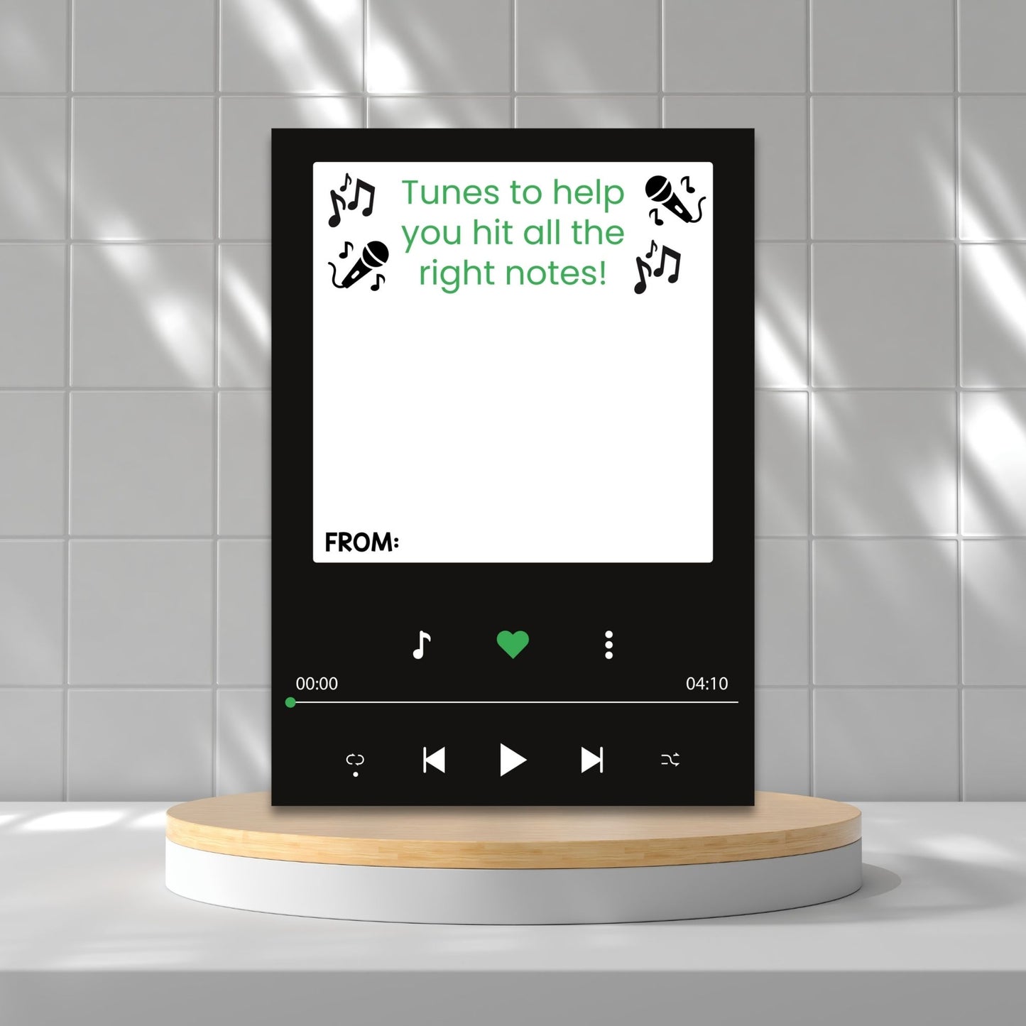 Printable music streaming gift card holders for students and anyone, 5x7 inches, laid out on an 8.5 x 11 inch sheet, with a rhythmic "Tunes to Help You Hit All the Right Notes" message.