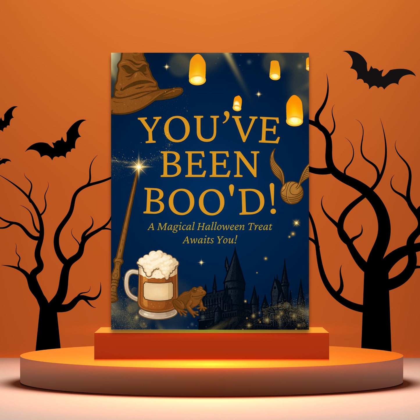 Halloween-themed sign with 'You've Been Bood' text, bats, and trees on an orange background