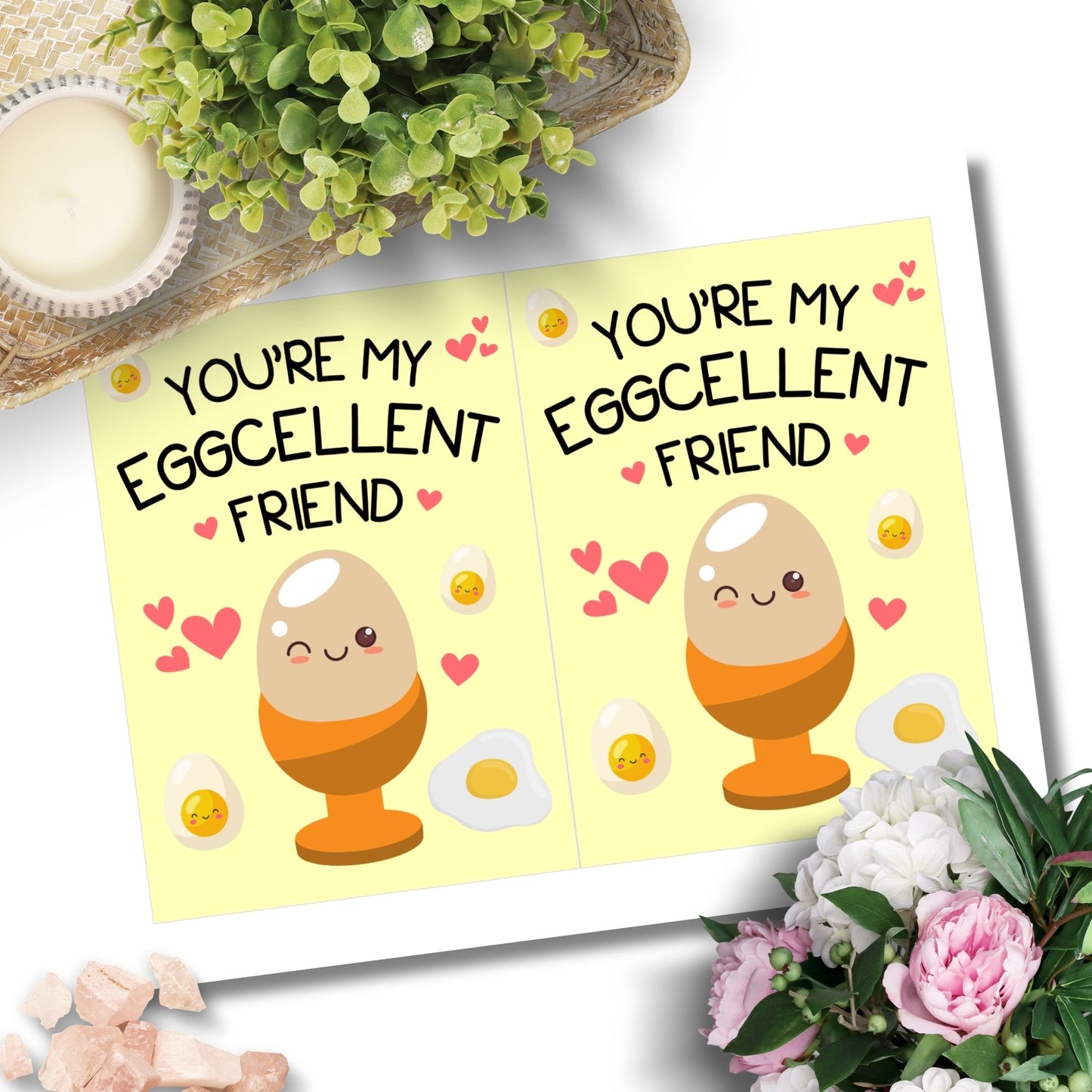 Printable Valentineās Day Greeting Card featuring the pun āYou're My Eggcellent Friend.ā Designed as a 5x7 PDF on an 8.5 x 11 sheet with two cards per page. A fun and heartfelt Valentineās card for friends and food lovers.