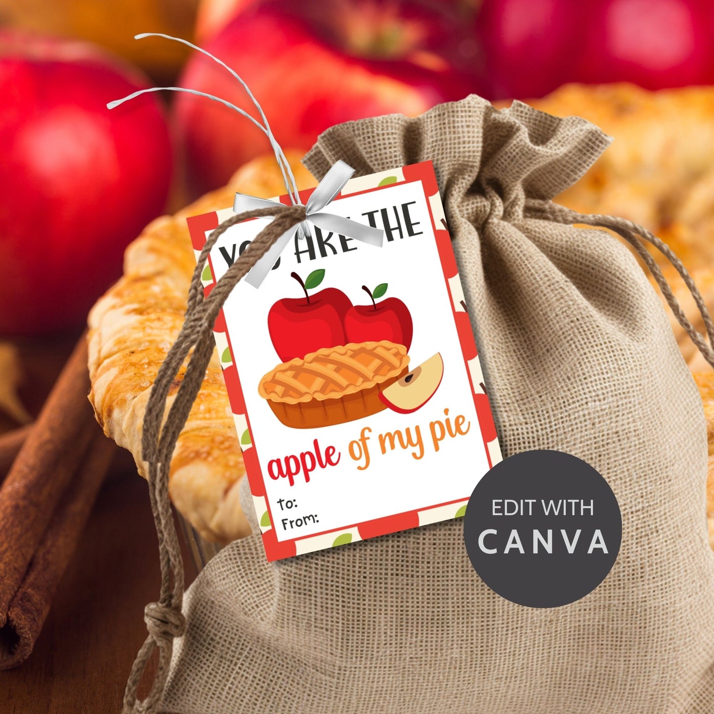 Editable apple pie-themed fall gift tags in 2.5 x 3.5 inches, 8 per sheet, available as printable and customizable PDFs.