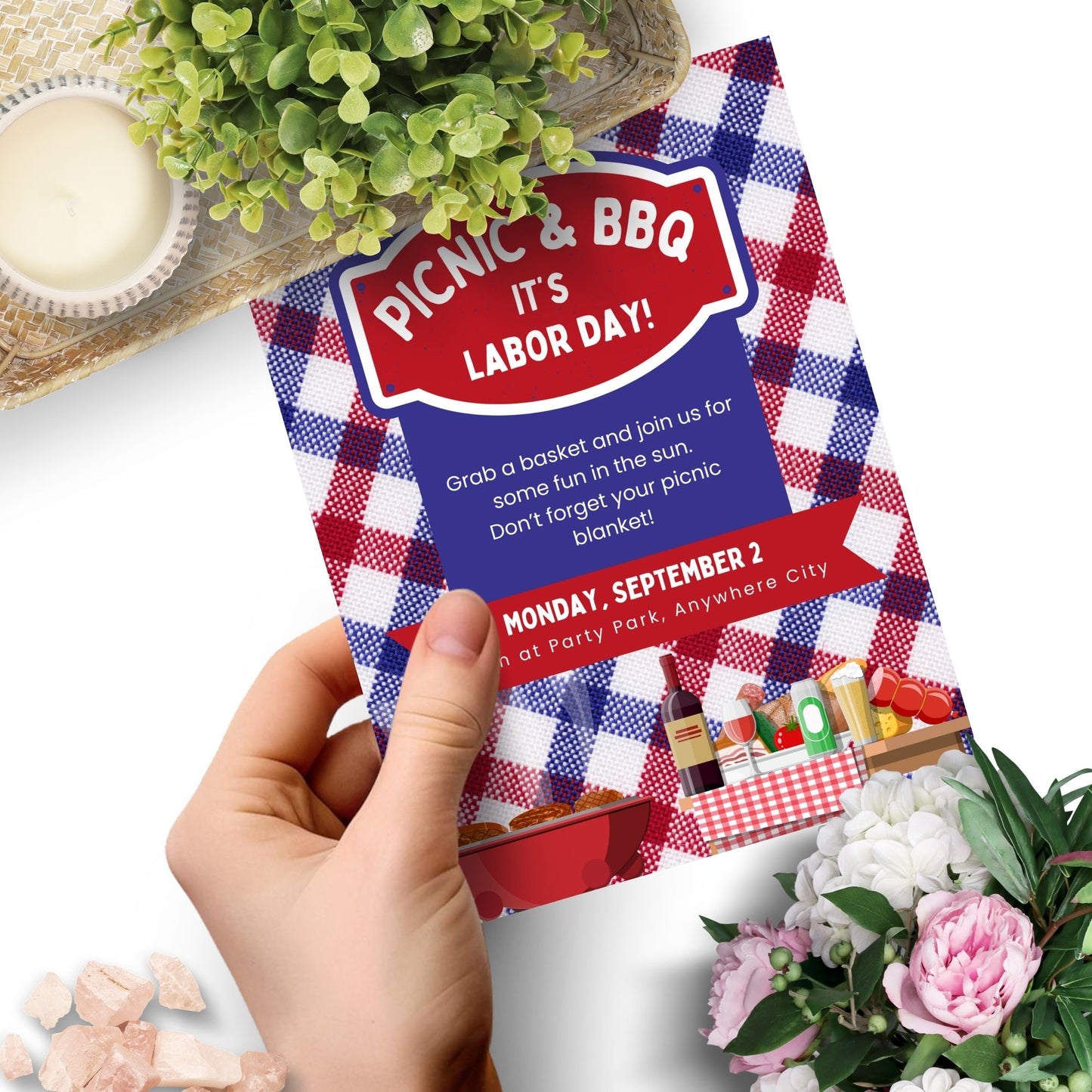 Picnic-themed Labor Day BBQ invitation featuring a red, white, and blue checkered blanket design with BBQ and picnic elements.