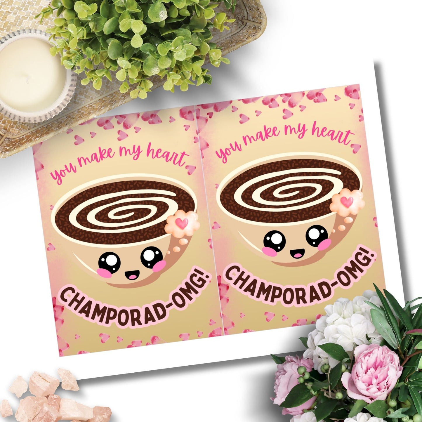 Printable Valentineās Day card featuring the phrase āYou Make My Heart ChamporadOMGā with a Filipino Champorado-inspired design. Designed as a 5x7 PDF on an 8.5 x 11 sheet with two cards per page. A punny and heartfelt Valentineās card for Filipino food lovers.