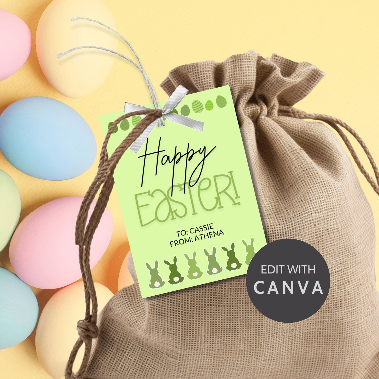 Collection of Happy Easter gift tags in soft pastel colors, featuring playful Easter egg and bunny designs, perfect for personalizing your festive gifts.
