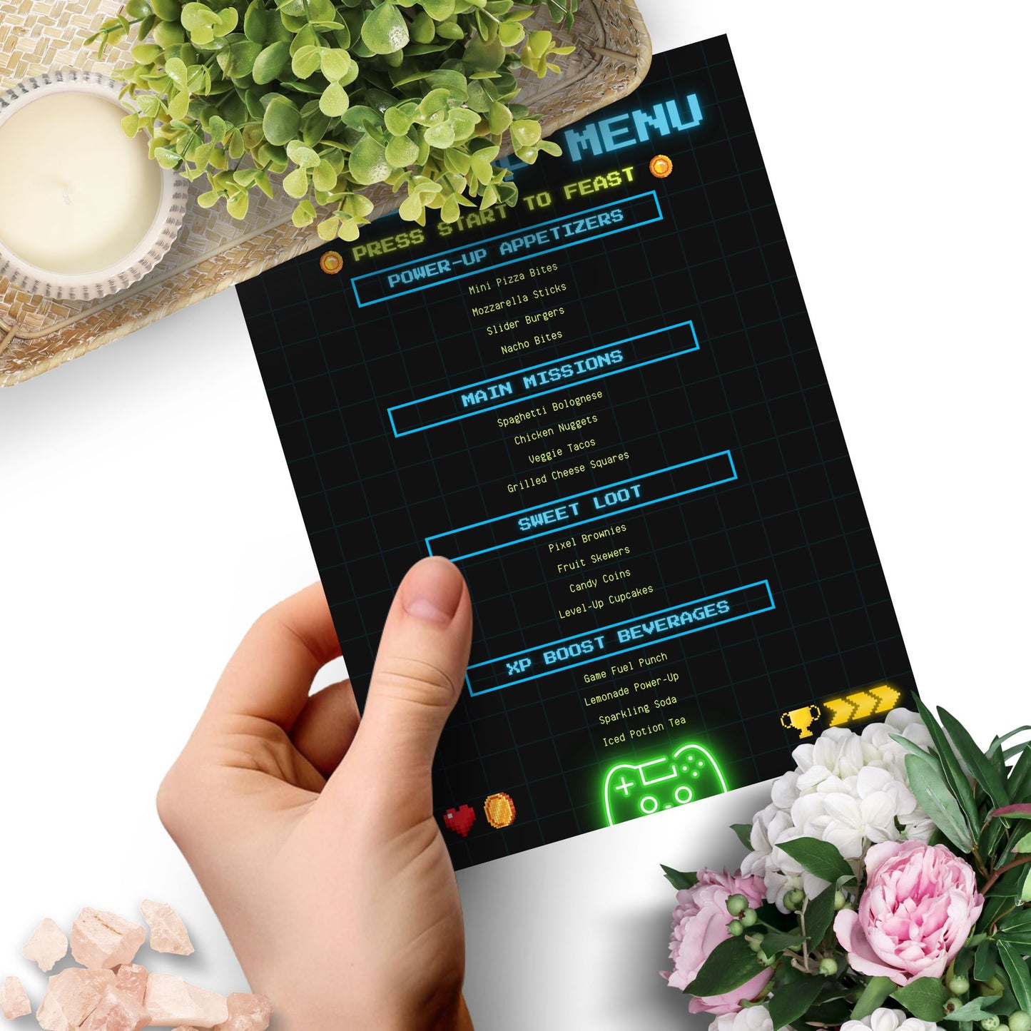 Editable video game-themed menu titled “Level Up Menu” with categories like Power-Up Appetizers, Main Missions, and XP Boost Beverages. Canva template sized 8.5 x 11 inches.