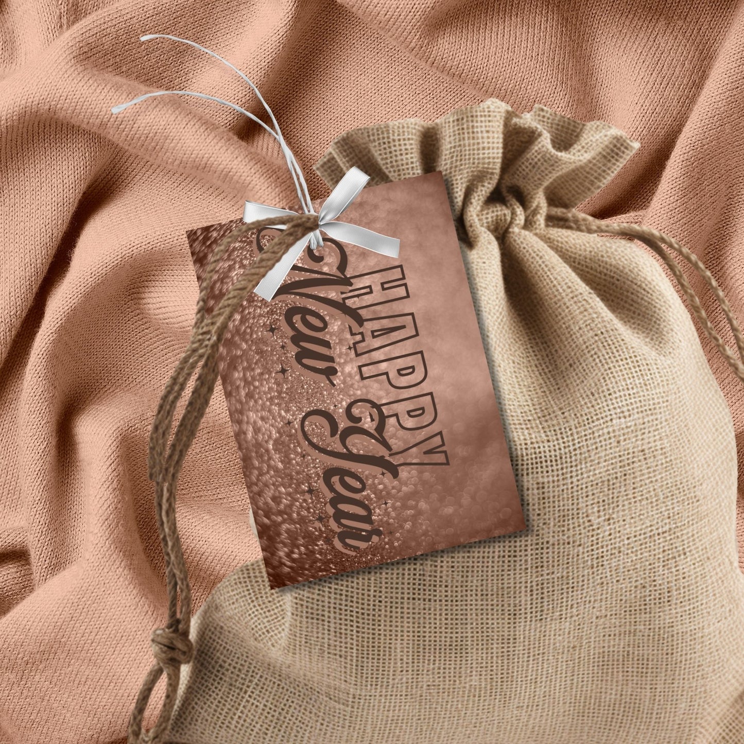 Elegant Mocha Mousse Happy New Year gift tags featuring the 2025 Color of the Year design, perfect for holiday gifting, with "Happy New Year" text in stylish typography. Printable, 2.5 x 3.5 inches, 8 per sheet.