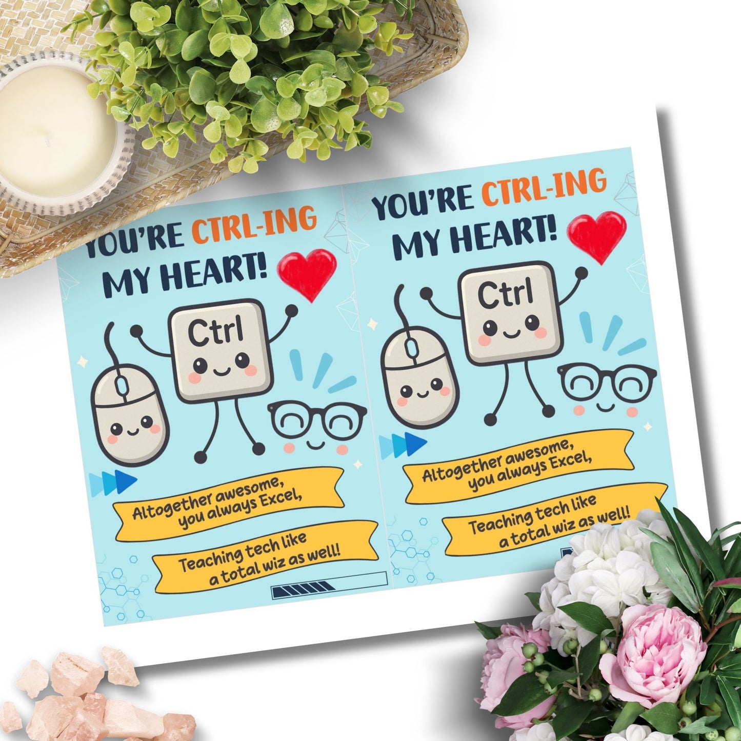 Tech-themed printable teacher card with “You’re CTRL-ing My Heart” and keyboard graphic – 5x7 digital download