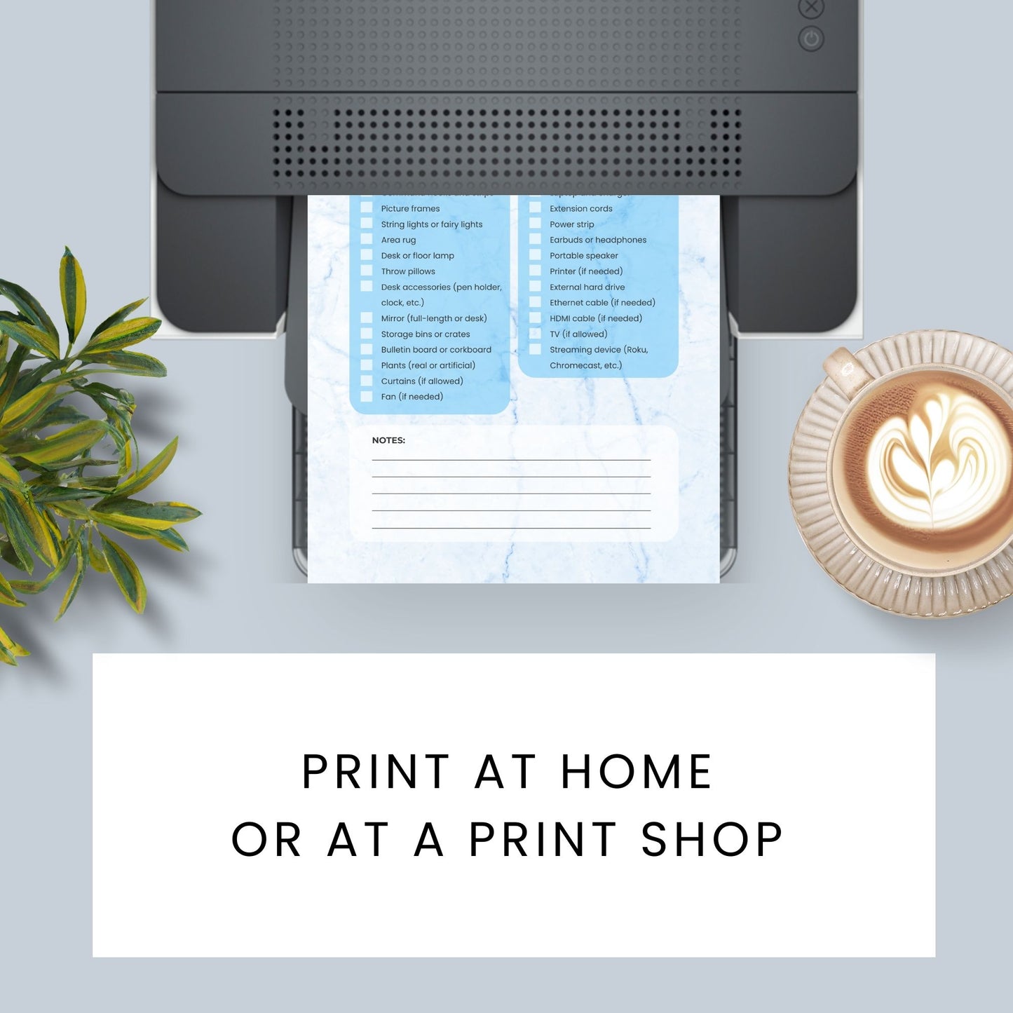 Printable Dorm Checklist with a stylish blue marble design, listing all essential items for college students.
