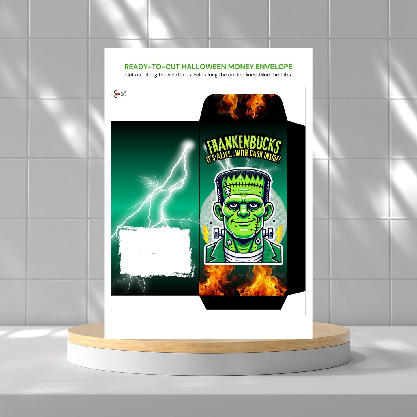 Halloween money envelope with Frankenstein design on a white background