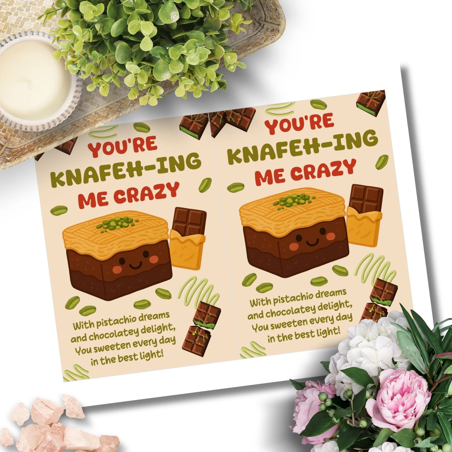 Printable card with playful Middle Eastern dessert pun reading “You’re Knafehing Me Crazy” – 5x7 PDF digital download