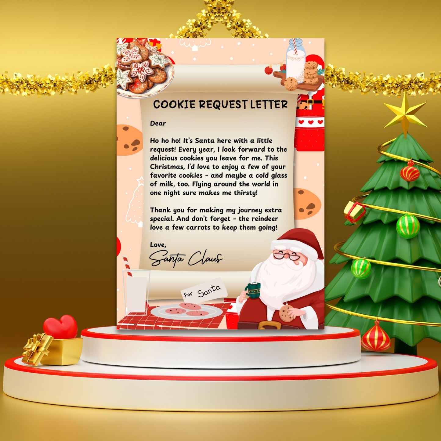 A festive Printable Cookie Request Letter, sized 5x7 inches, featuring a playful message from Santa asking for his favorite cookies, perfect for adding extra magic to Christmas Eve traditions.