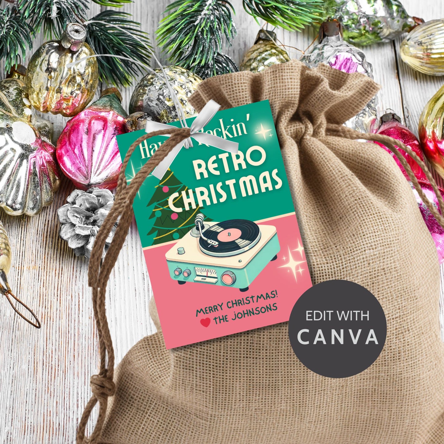 Retro Christmas gift tags featuring a vintage record player and festive Christmas tree, with the text "Have a Rockin' Retro Christmas." Editable and printable tags to add a nostalgic touch to holiday gifts.