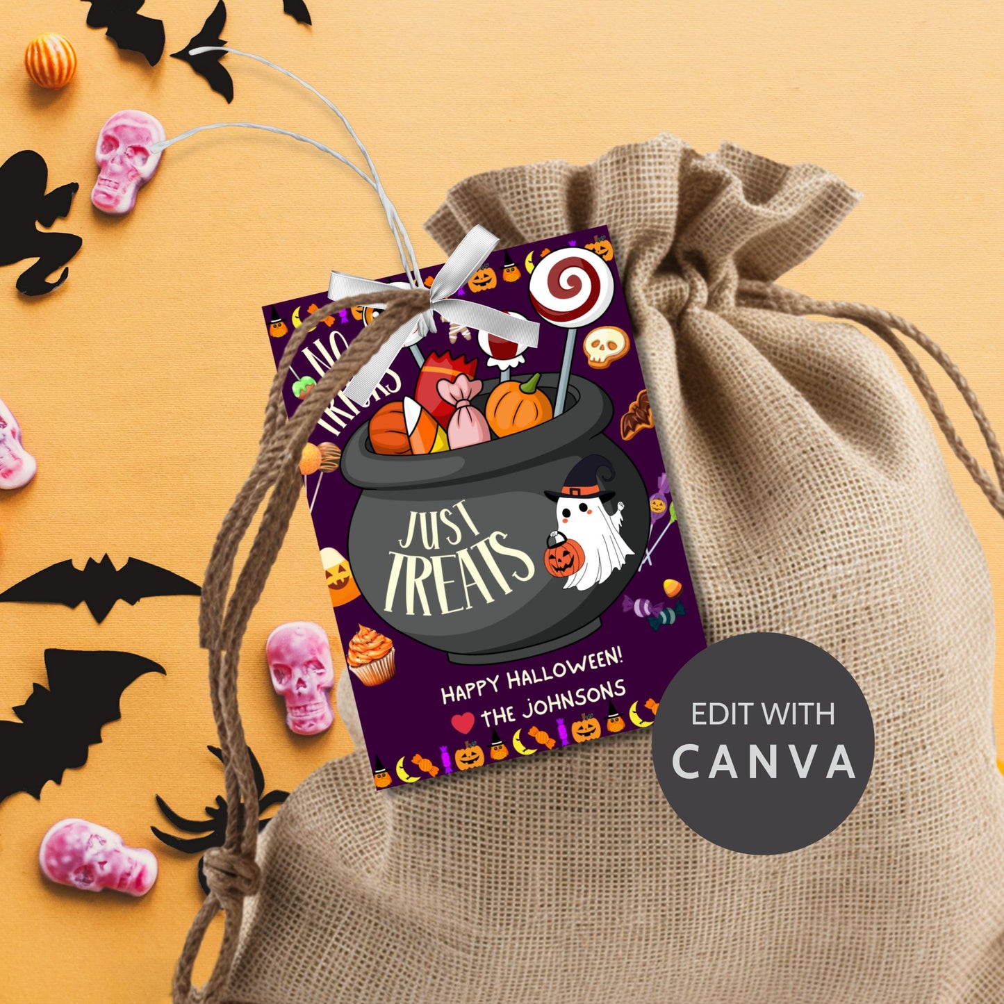Halloween-themed printable gift tags with the message "No Tricks, Just Treats" featuring a cauldron filled with Halloween candies and treats. Tags are 2.5 x 3.5 inches, laid out 8 per sheet on a standard 8.5 x 11-inch page. Includes a printable PDF and a PDF with a link to an editable Canva template.