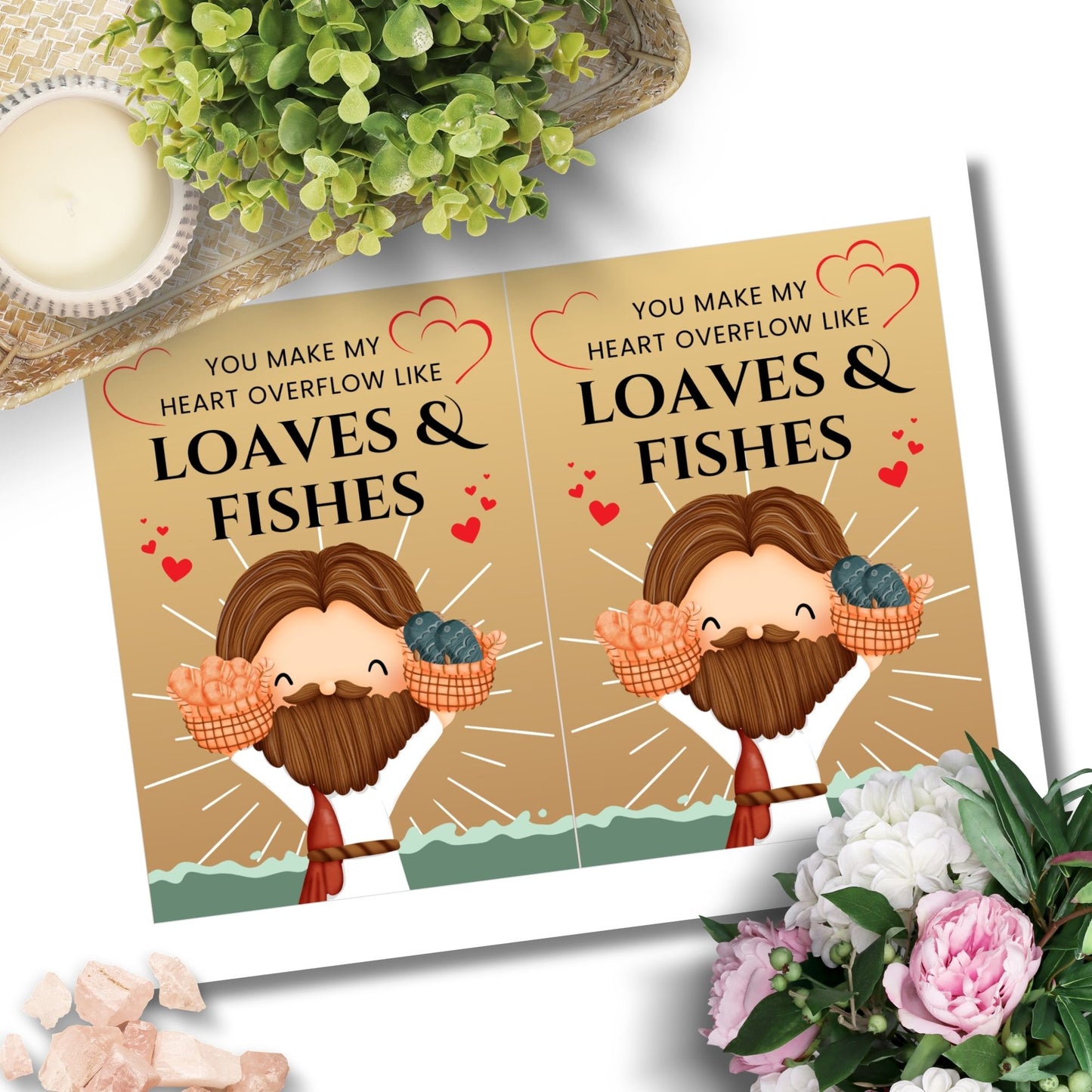 A beautiful Christian printable Valentine’s Day card featuring the message “You Make My Heart Overflow Like Loaves and Fishes”, inspired by Jesus’ miracle of abundance. Available as a 5x7-inch PDF and an 8.5 x 11 sheet with two cards per page. Perfect for faith-based Valentine’s gifts, church groups, and religious occasions.